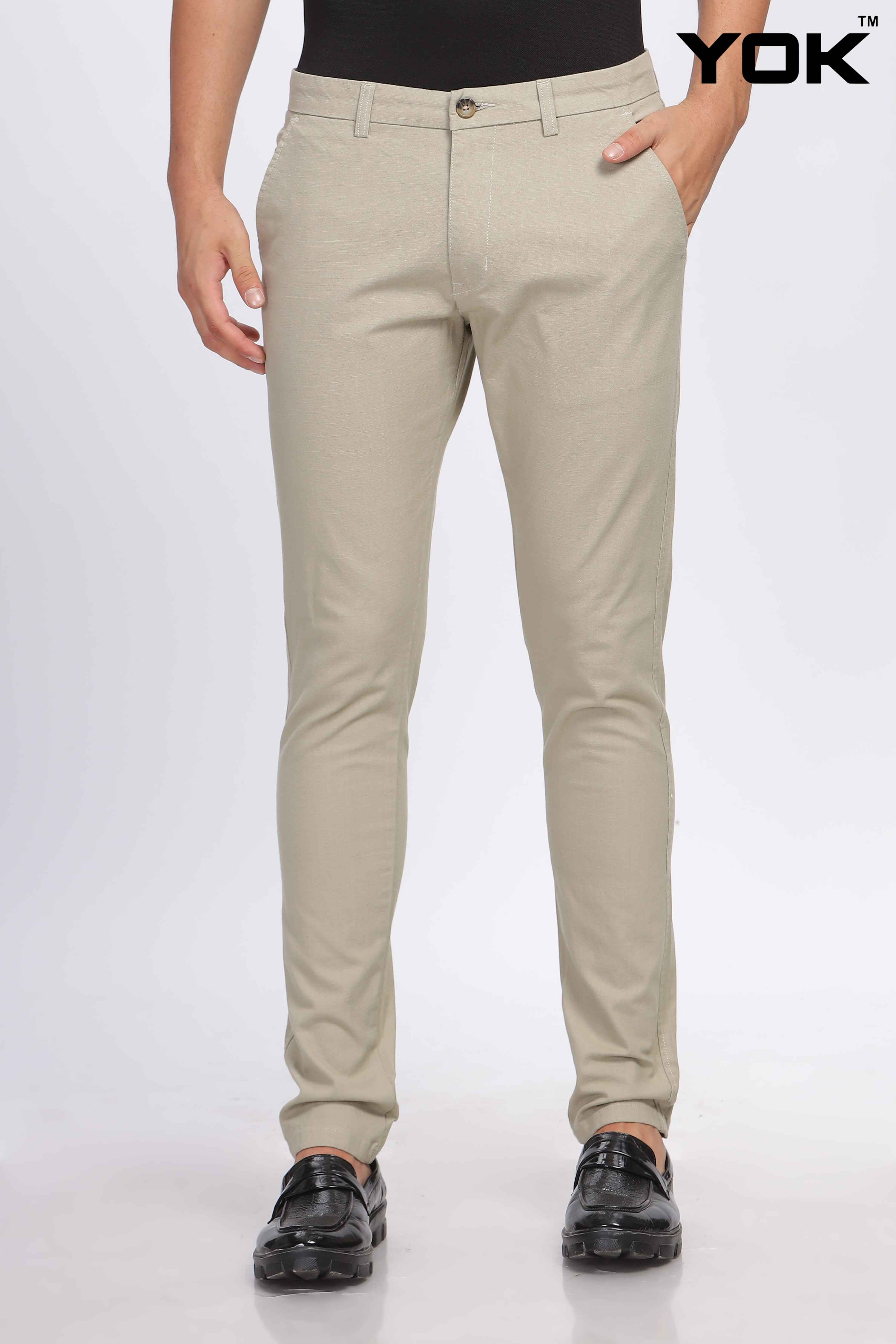 Men's Beige Solid Trousers main image 0