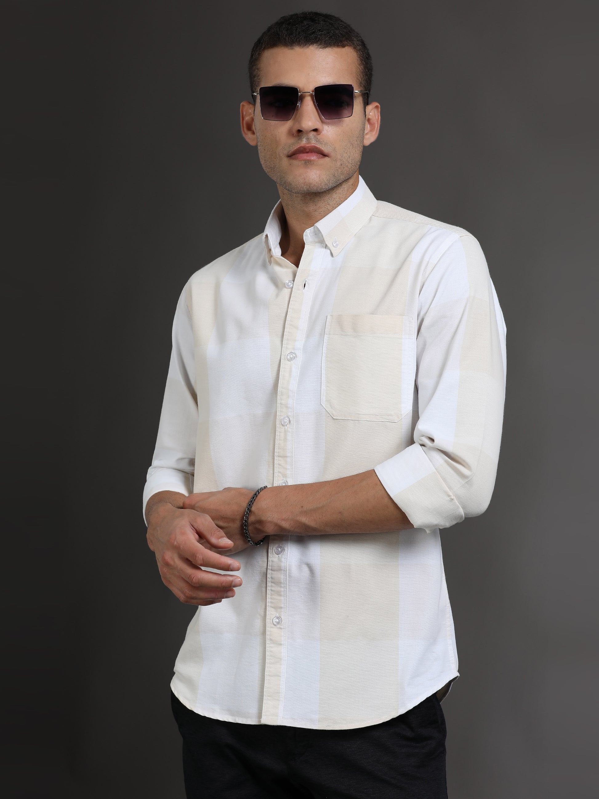 Light Yellow and White Check Shirt for Men