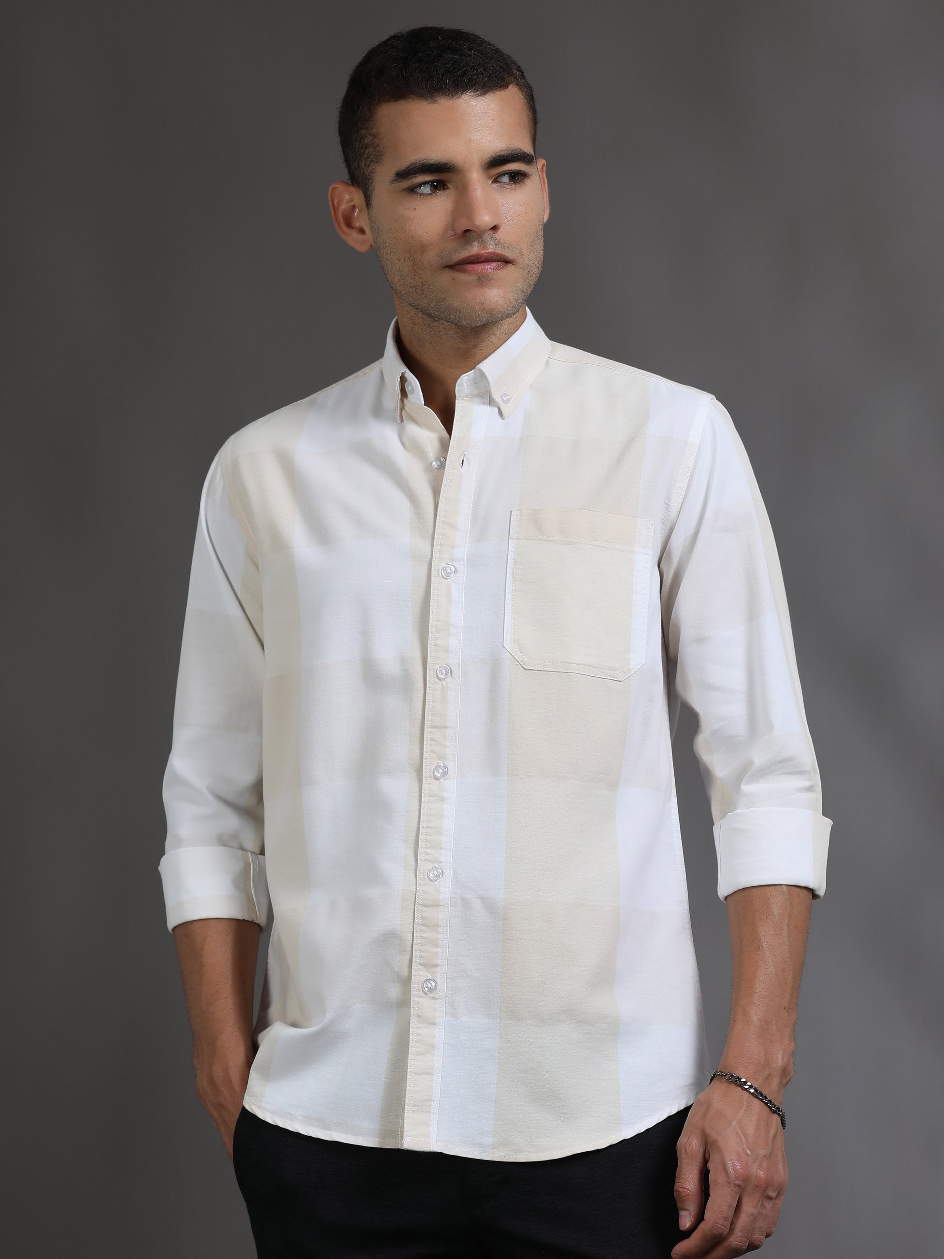 Light Yellow and White Check Shirt for Men