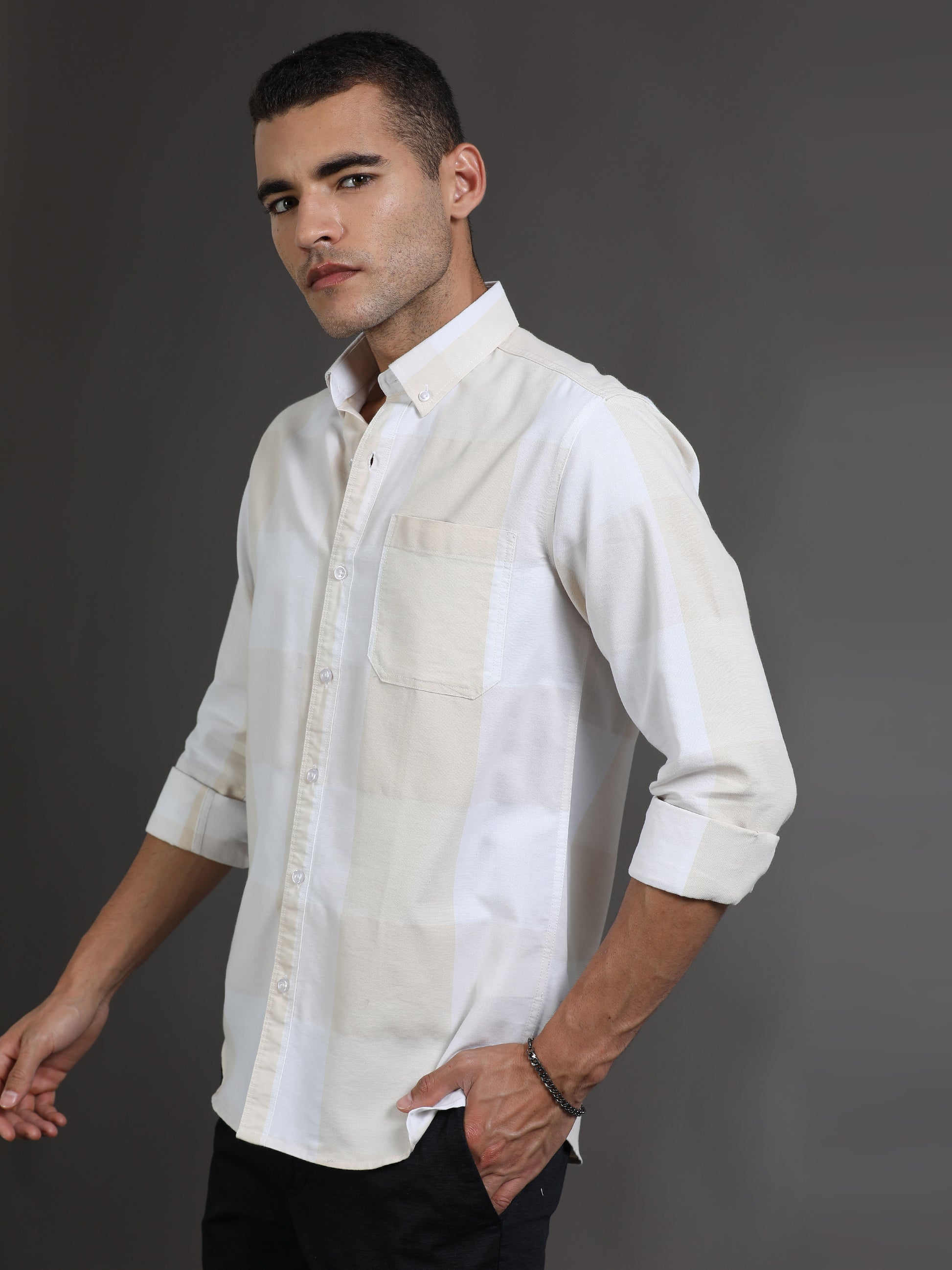 Light Yellow and White Check Shirt for Men
