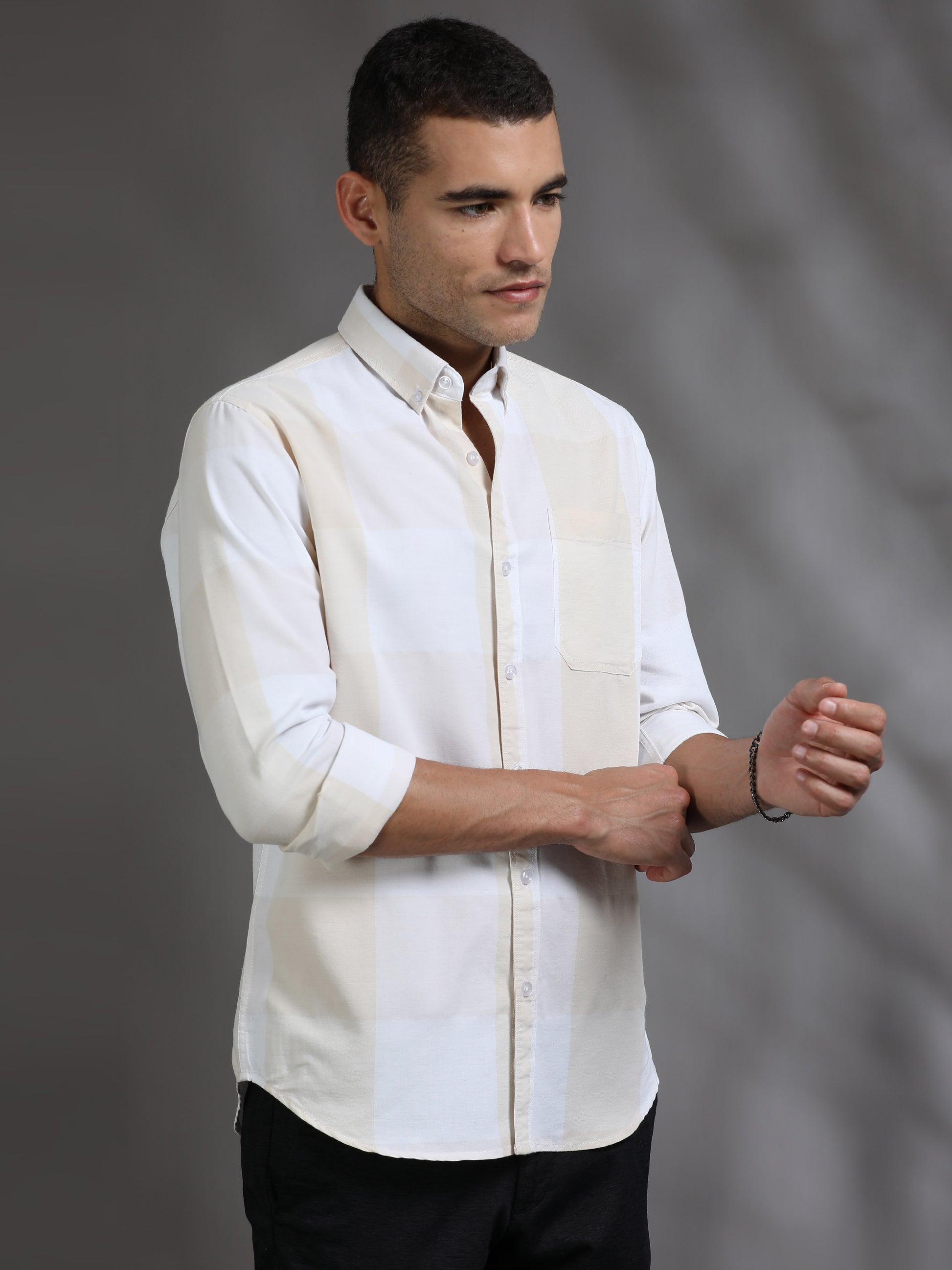Light Yellow and White Check Shirt for Men