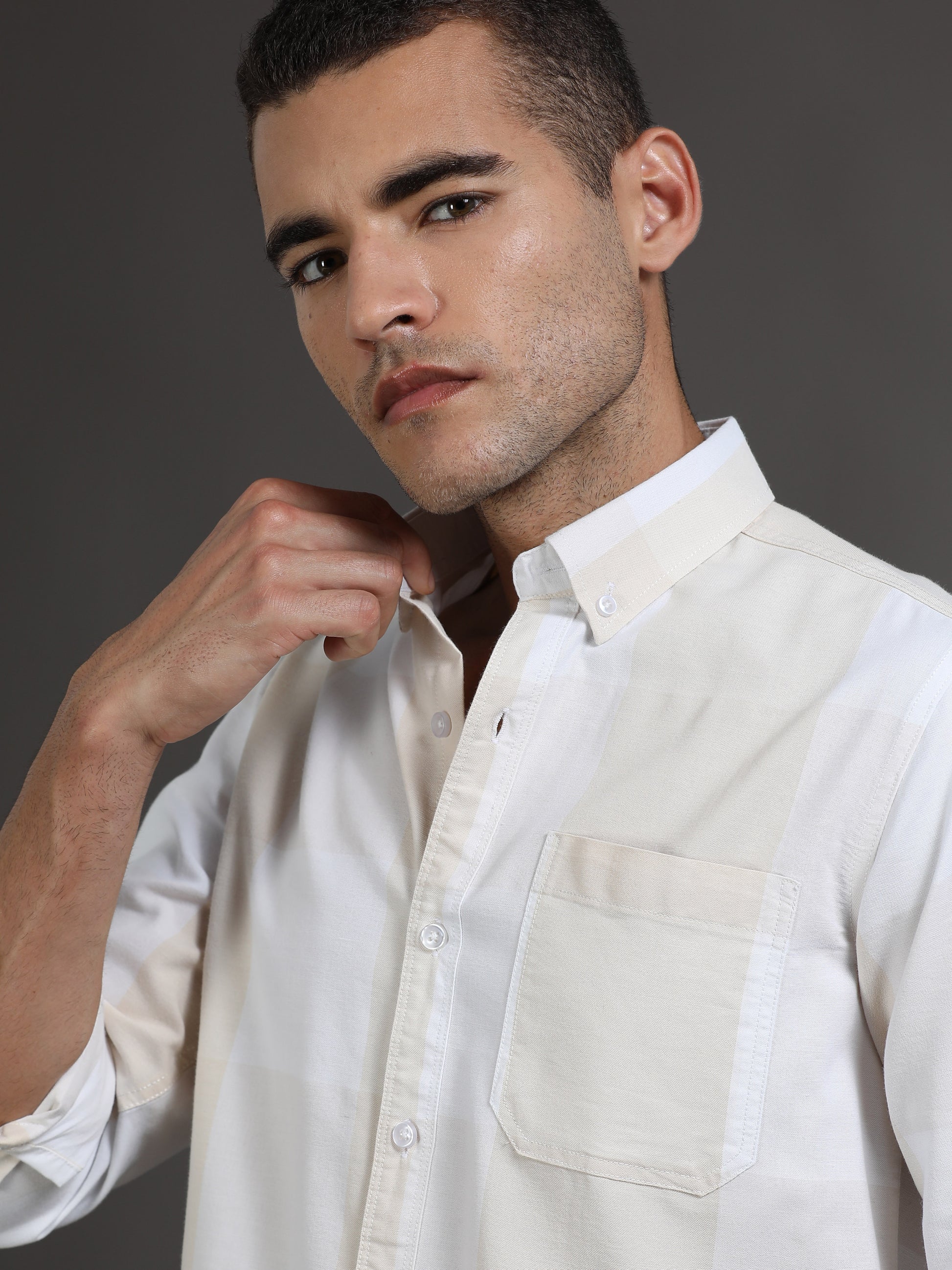 Light Yellow and White Check Shirt for Men
