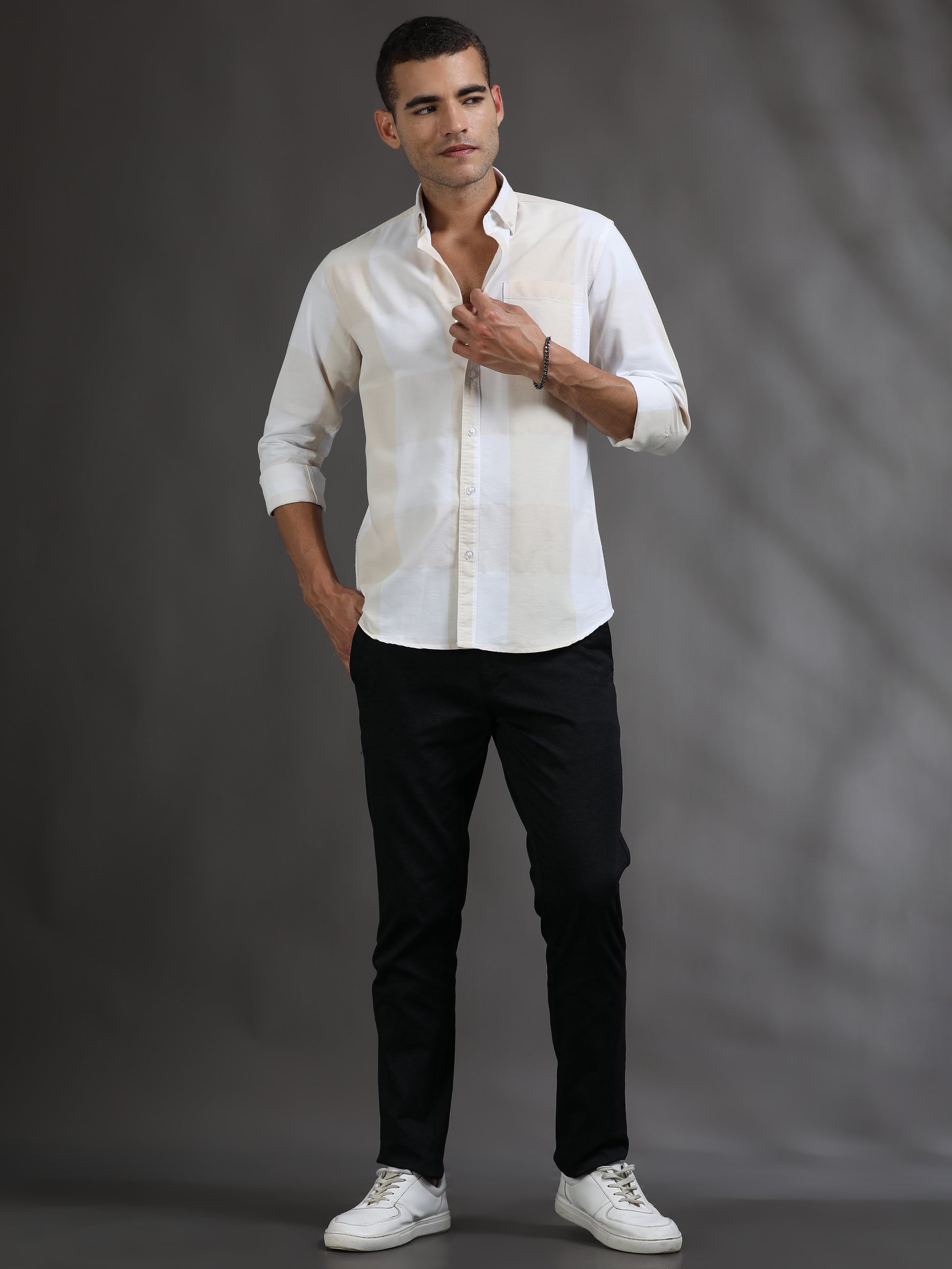 Light Yellow and White Check Shirt for Men