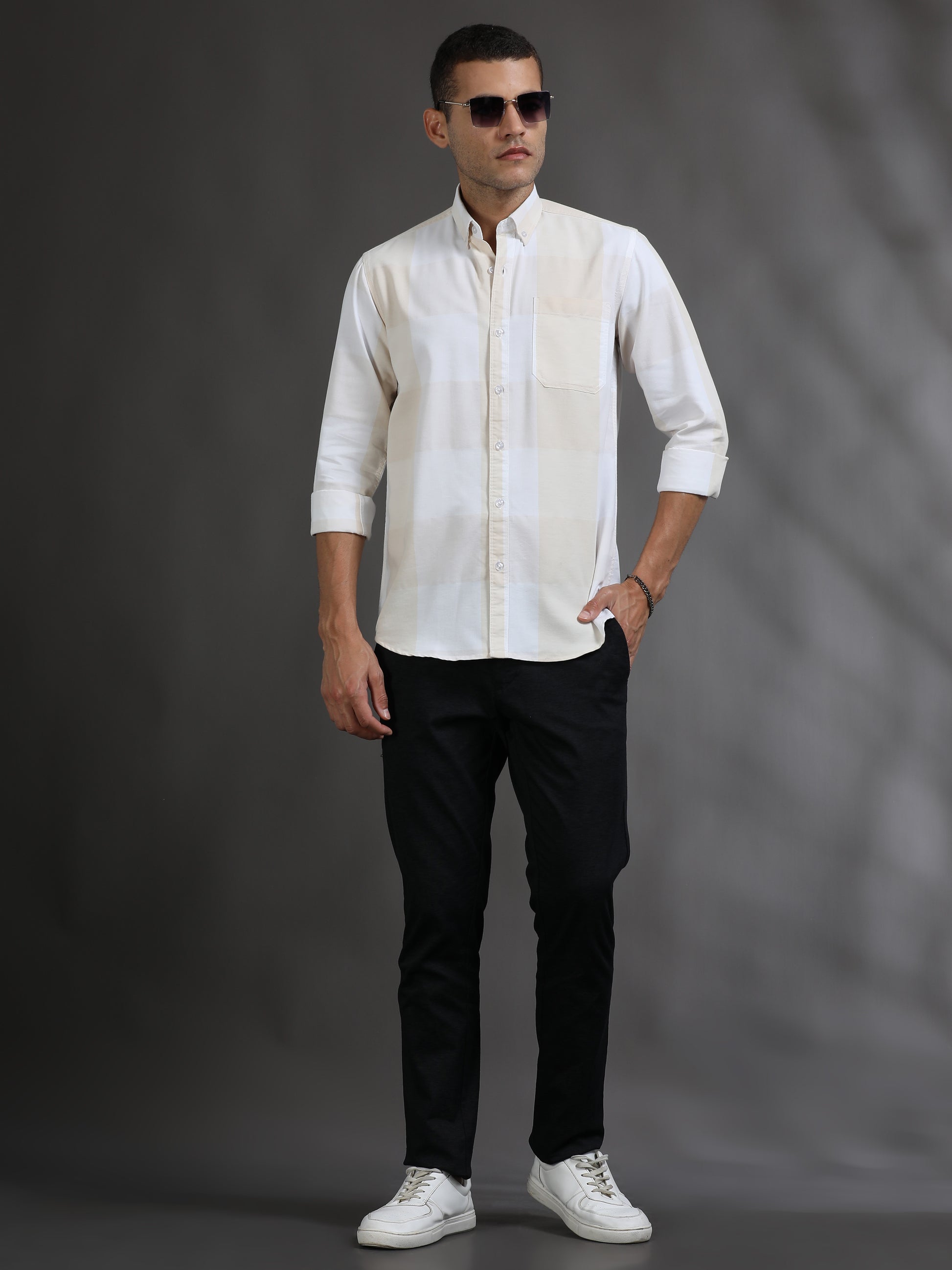 Light Yellow and White Check Shirt for Men