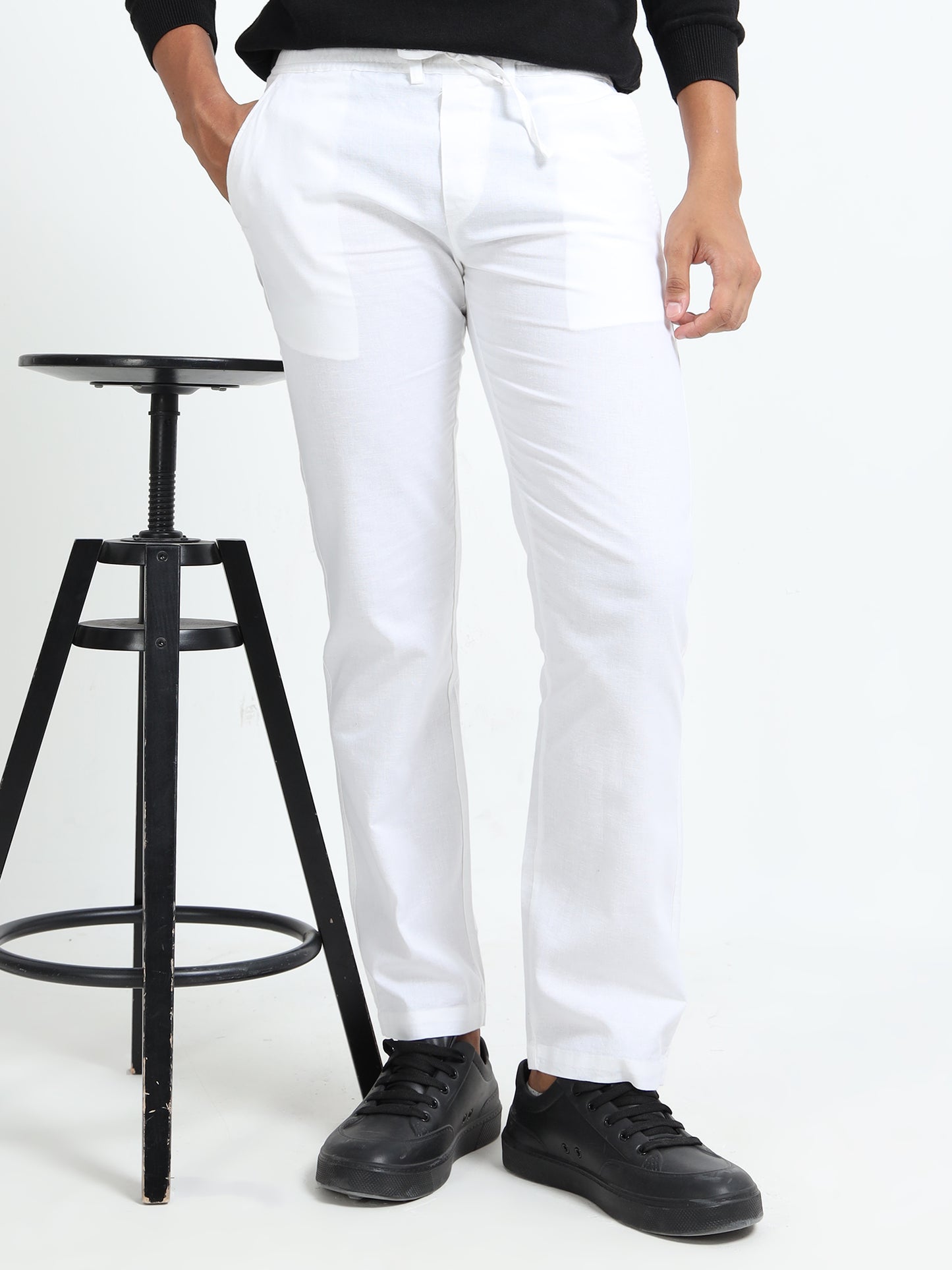 Mens Cotton Regular Fit White Linen Pants 