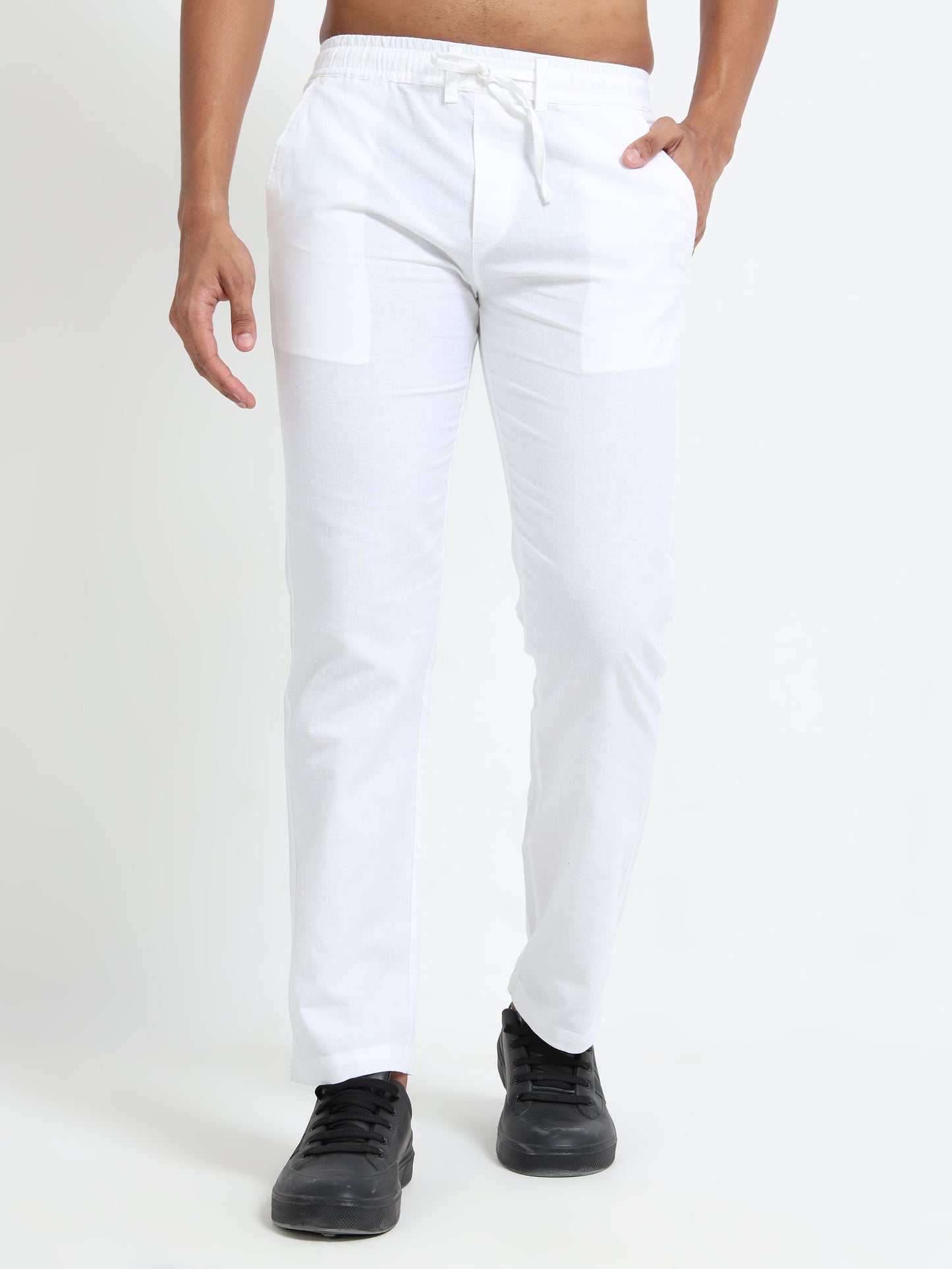 LINEN COTTON REGULAR FIT PANTS WHITE S