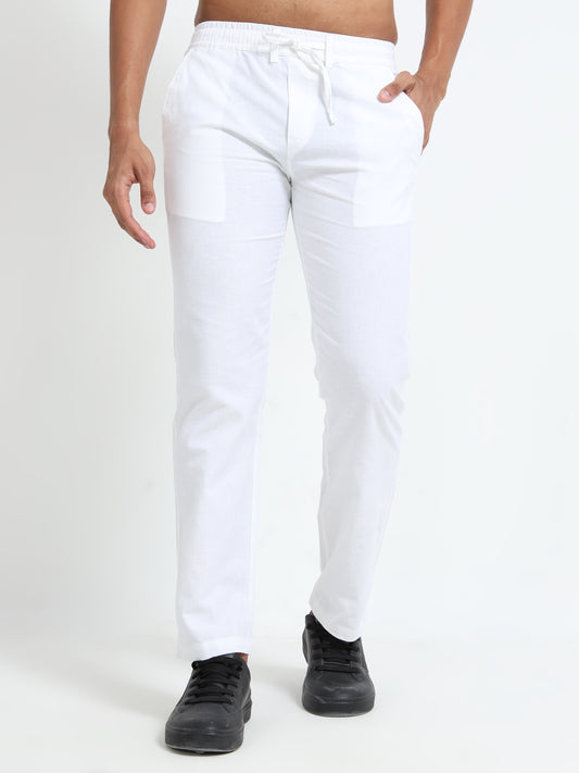 Mens Cotton Regular Fit White Linen Pants 