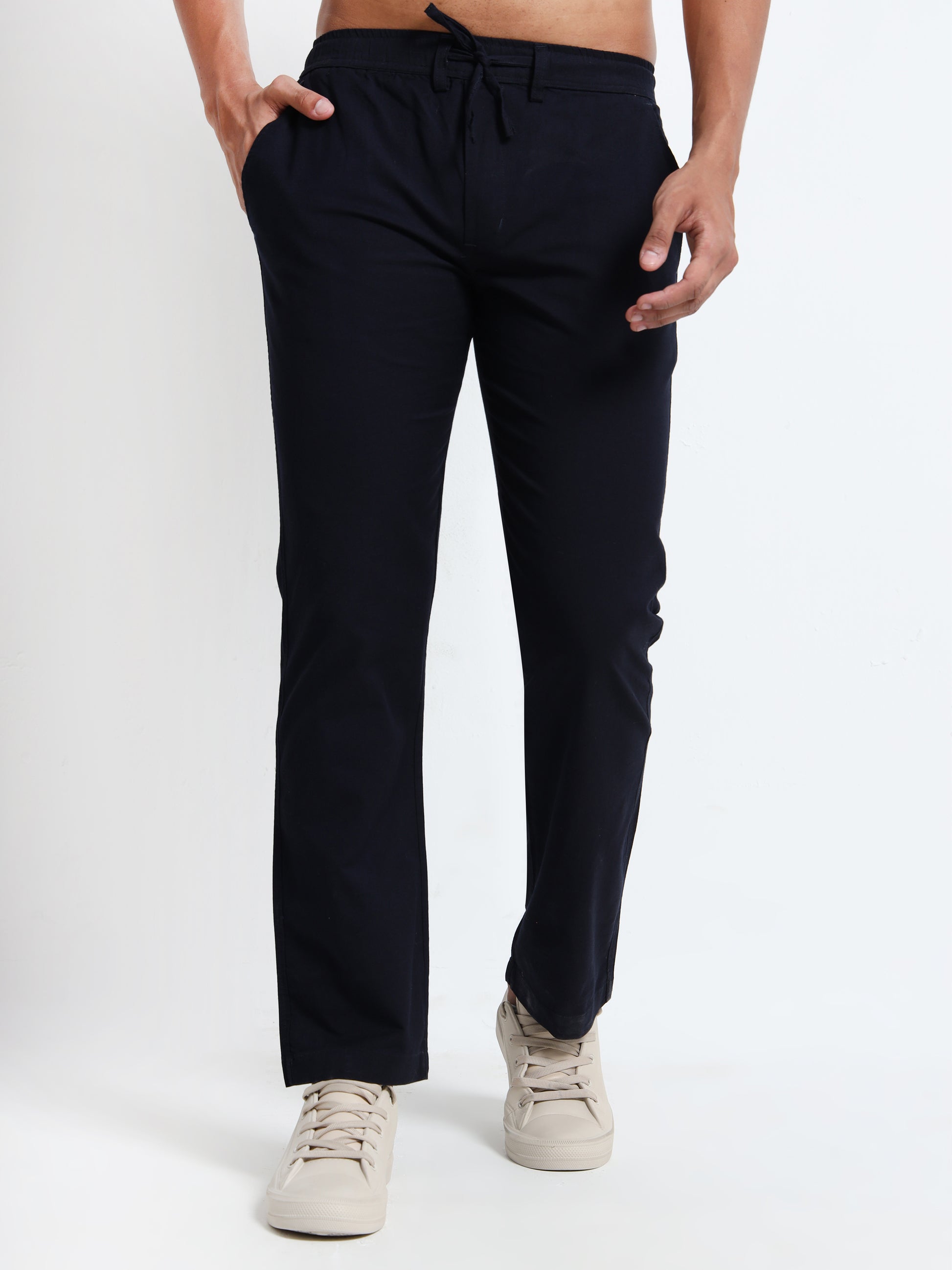 Mens Cotton Regular Navy Blue Linen Pants 