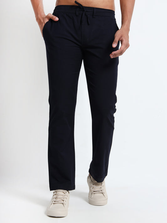 Mens Cotton Regular Navy Blue Linen Pants 