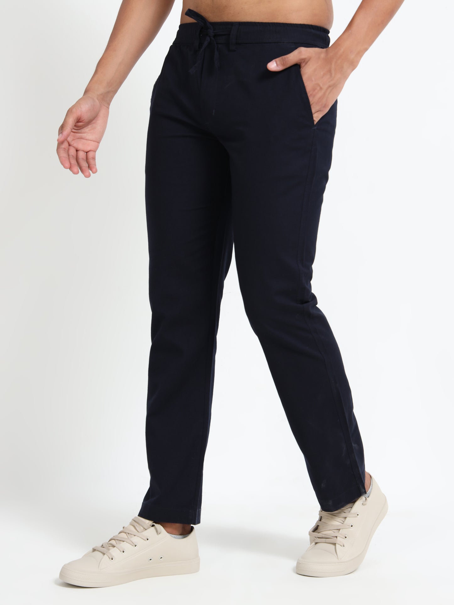Mens Cotton Regular Navy Blue Linen Pants 