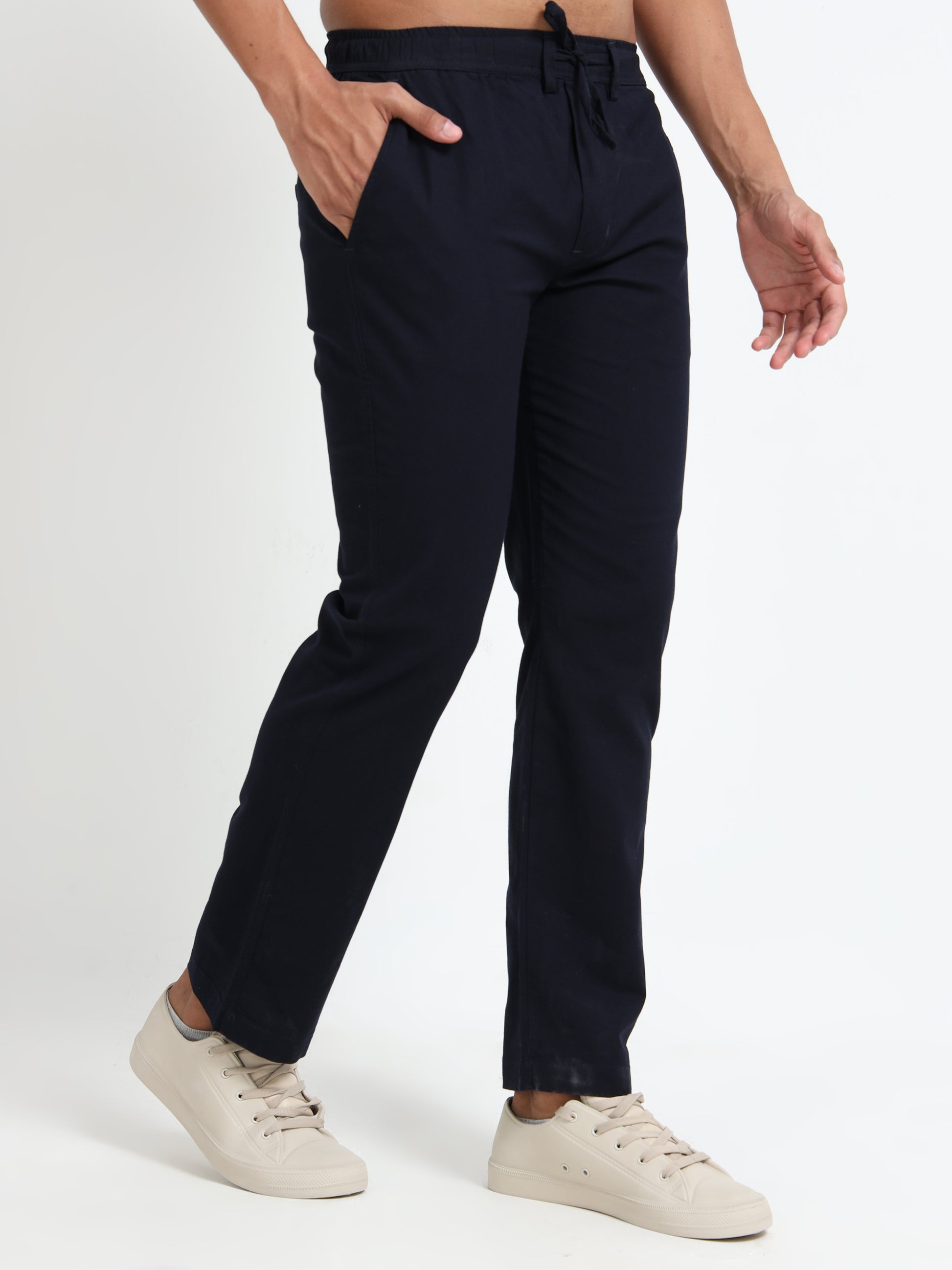 Mens Cotton Regular Navy Blue Linen Pants 