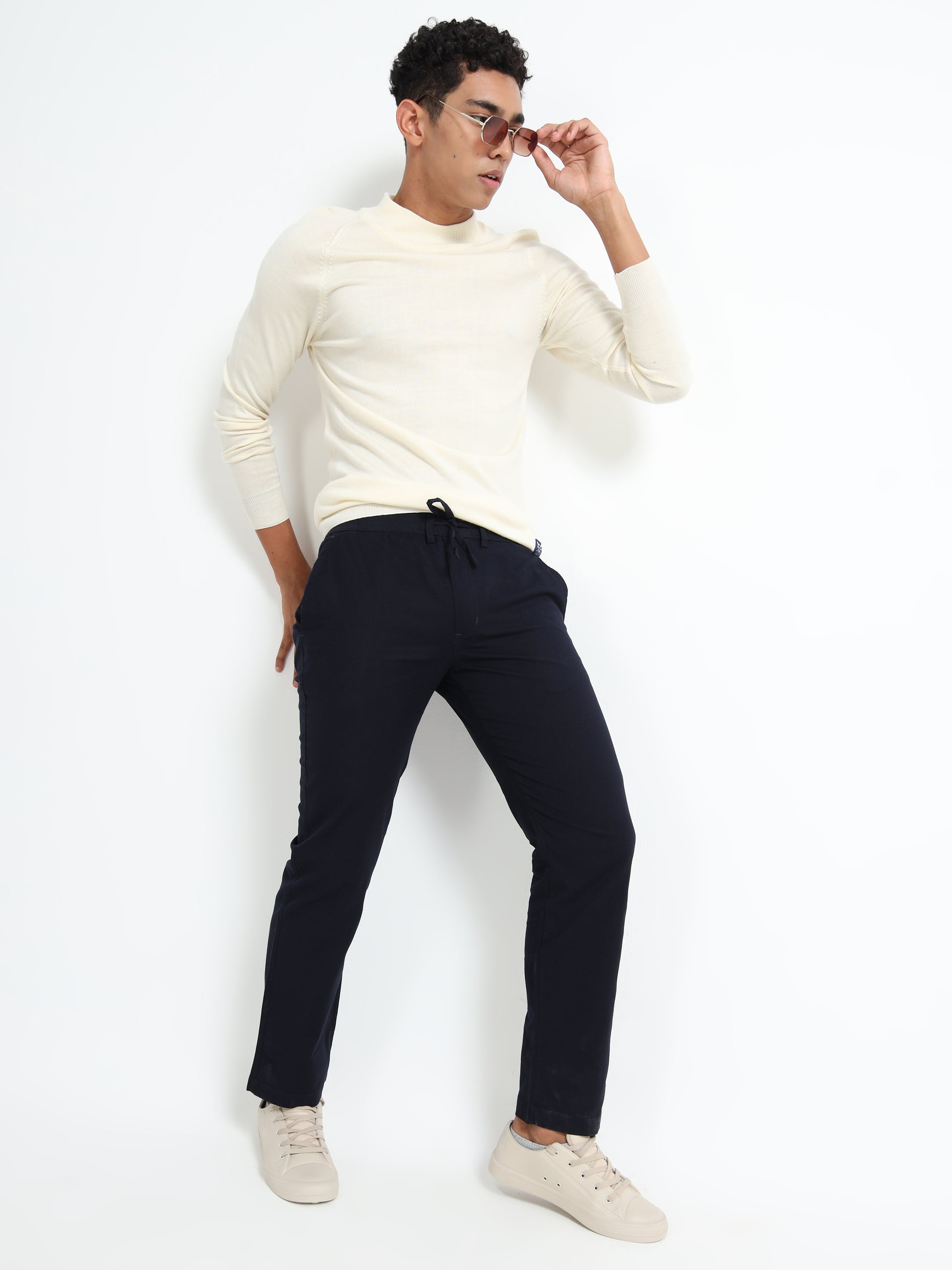 Mens Cotton Regular Navy Blue Linen Pants 