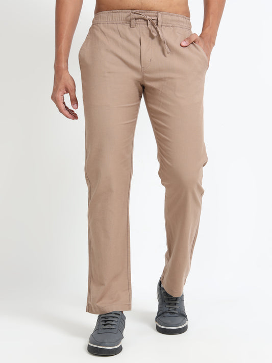 Mens Cotton Regular Fit Beige Pants