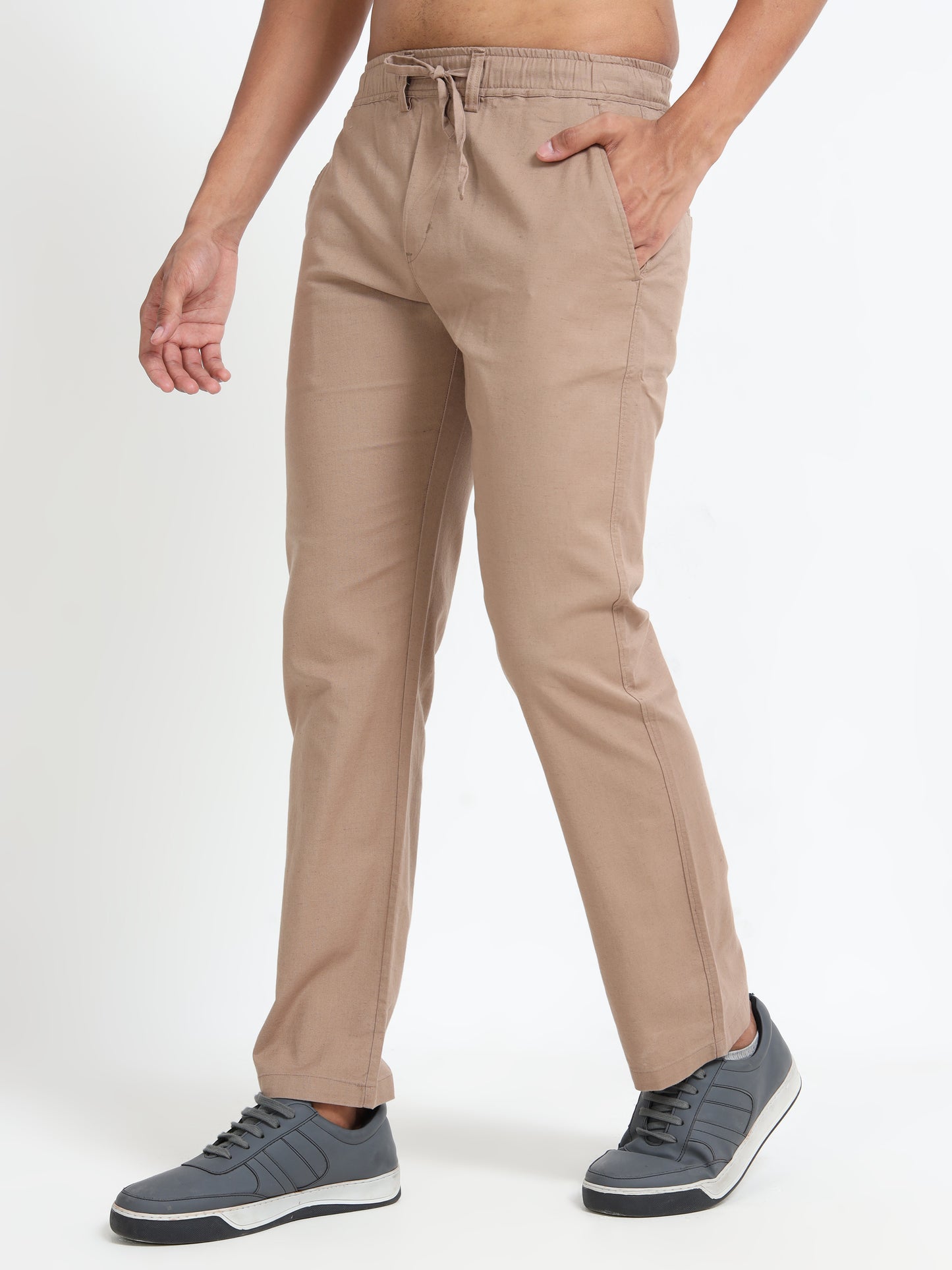 Mens Cotton Regular Fit Beige Pants