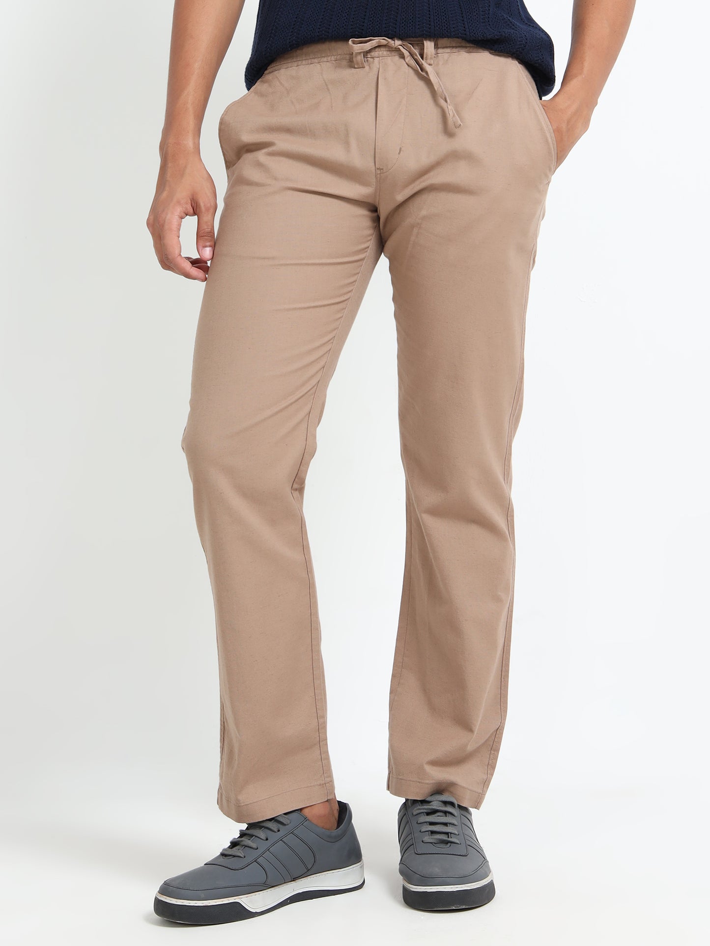 Mens Cotton Regular Fit Beige Pants