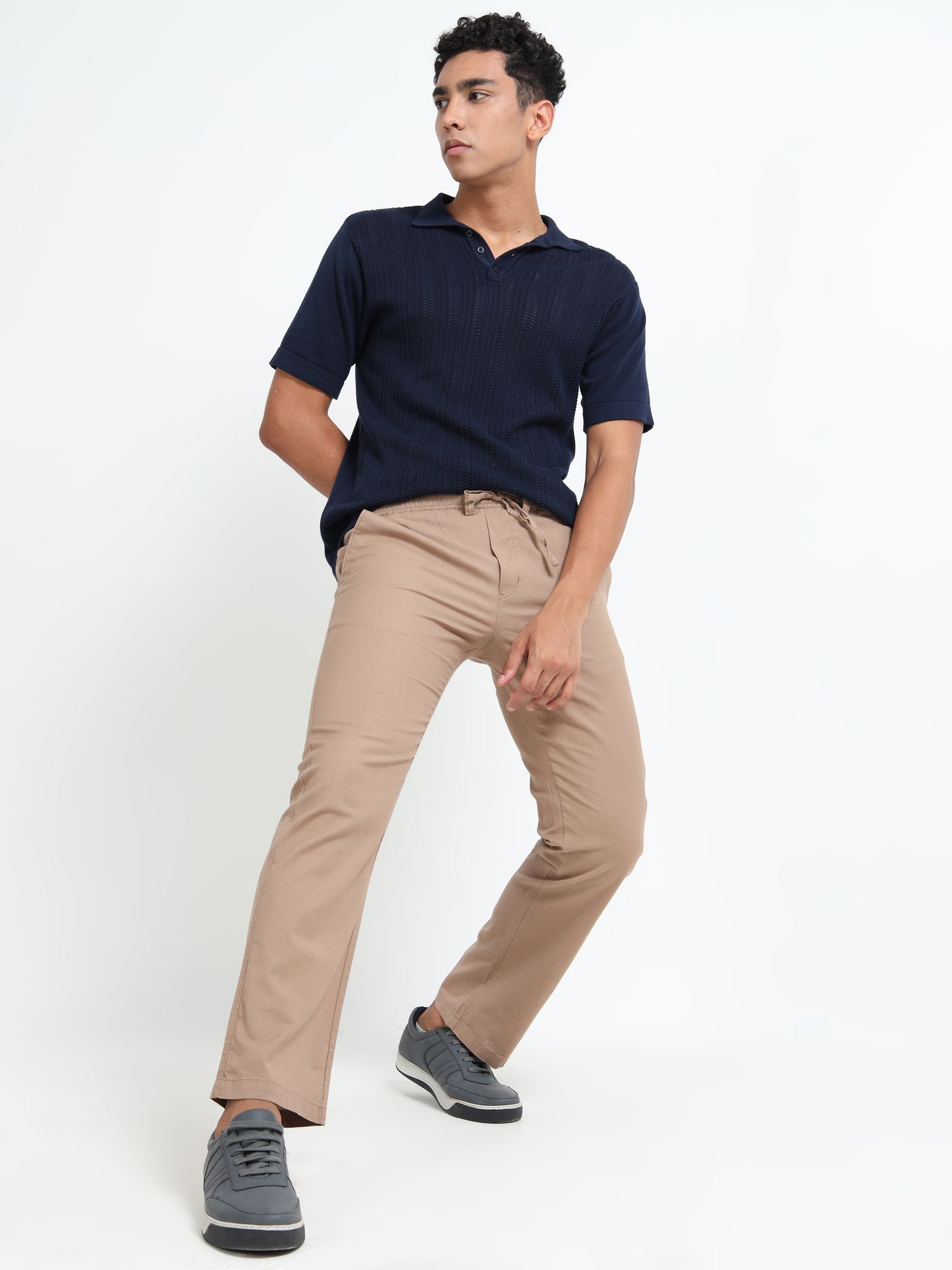 Mens Cotton Regular Fit Beige Pants