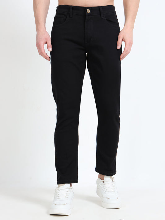 Solid Mid-Rise Black Ankle Fit Jeans for Men
