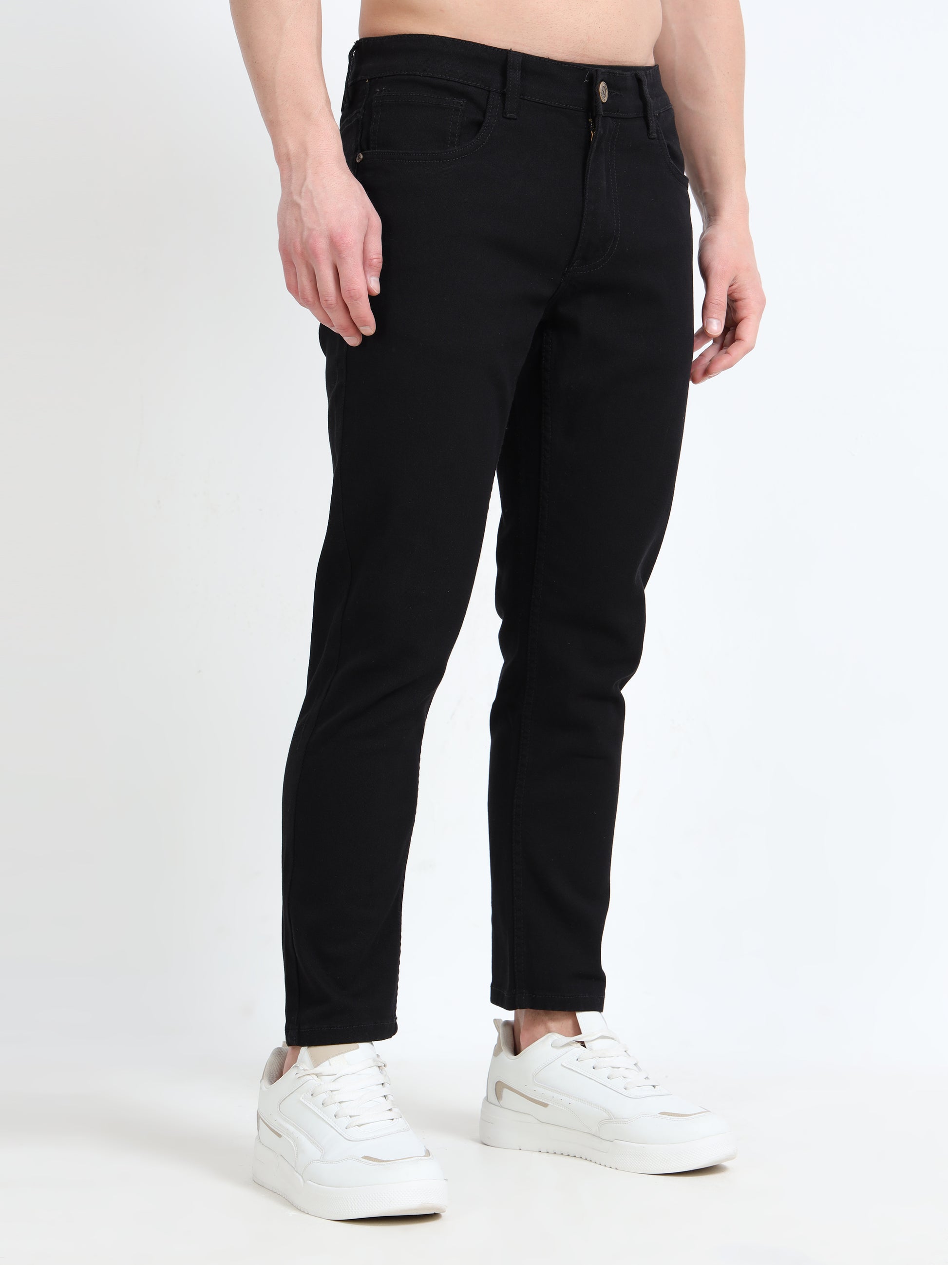 Solid Mid-Rise Black Ankle Fit Jeans for Men