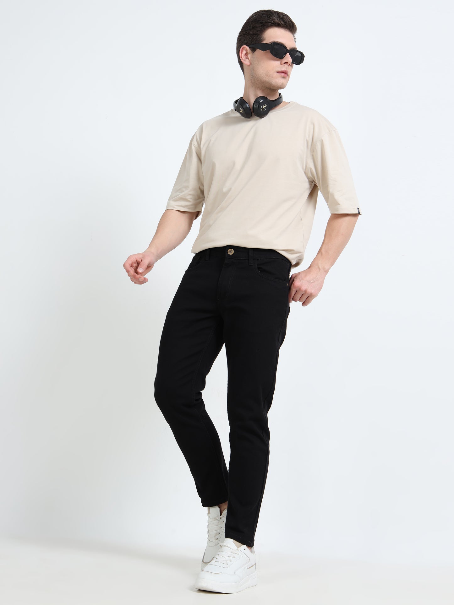 Solid Mid-Rise Black Ankle Fit Jeans for Men