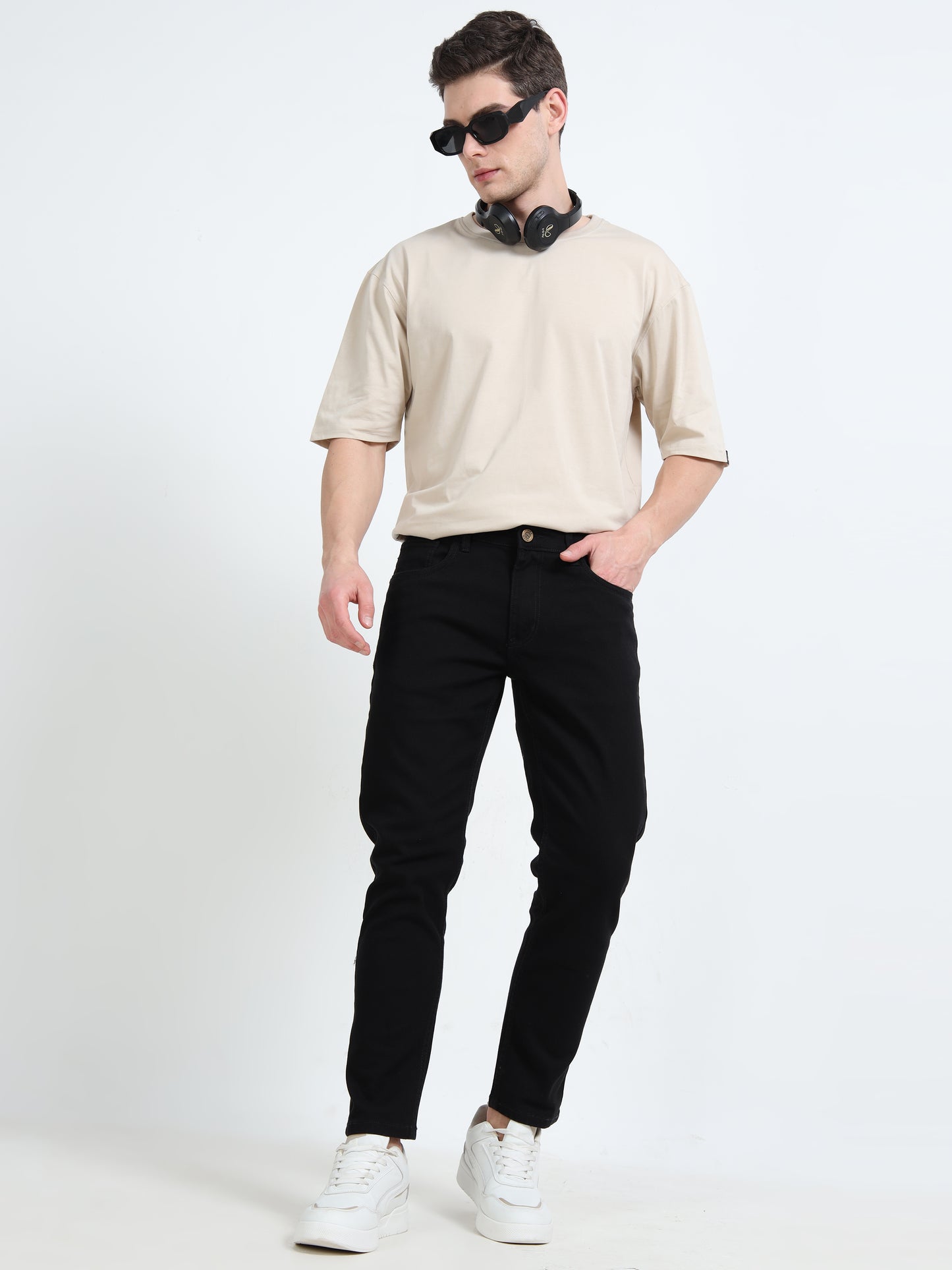 Solid Mid-Rise Black Ankle Fit Jeans for Men