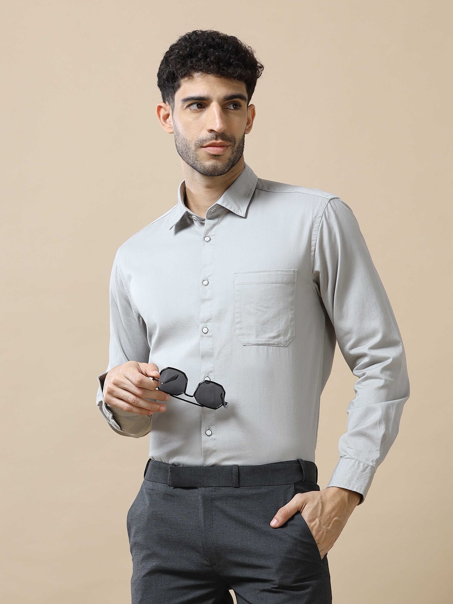 Grey Solid Cotton Shirt