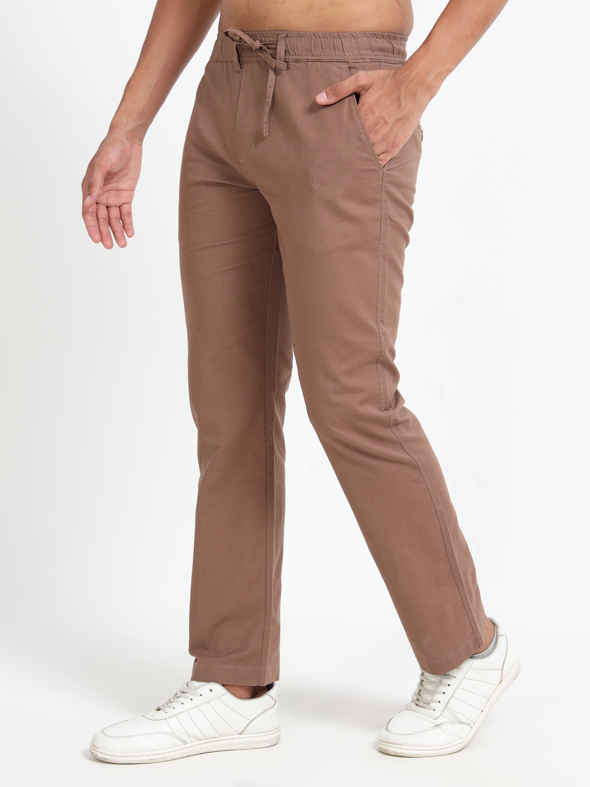 Cotton Regular Fit Brown Linen Pants for Men