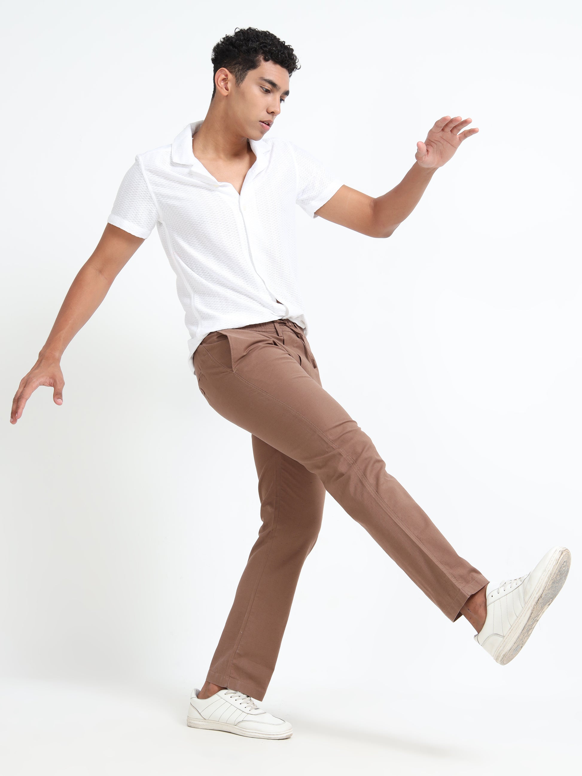 Cotton Regular Fit Brown Linen Pants for Men