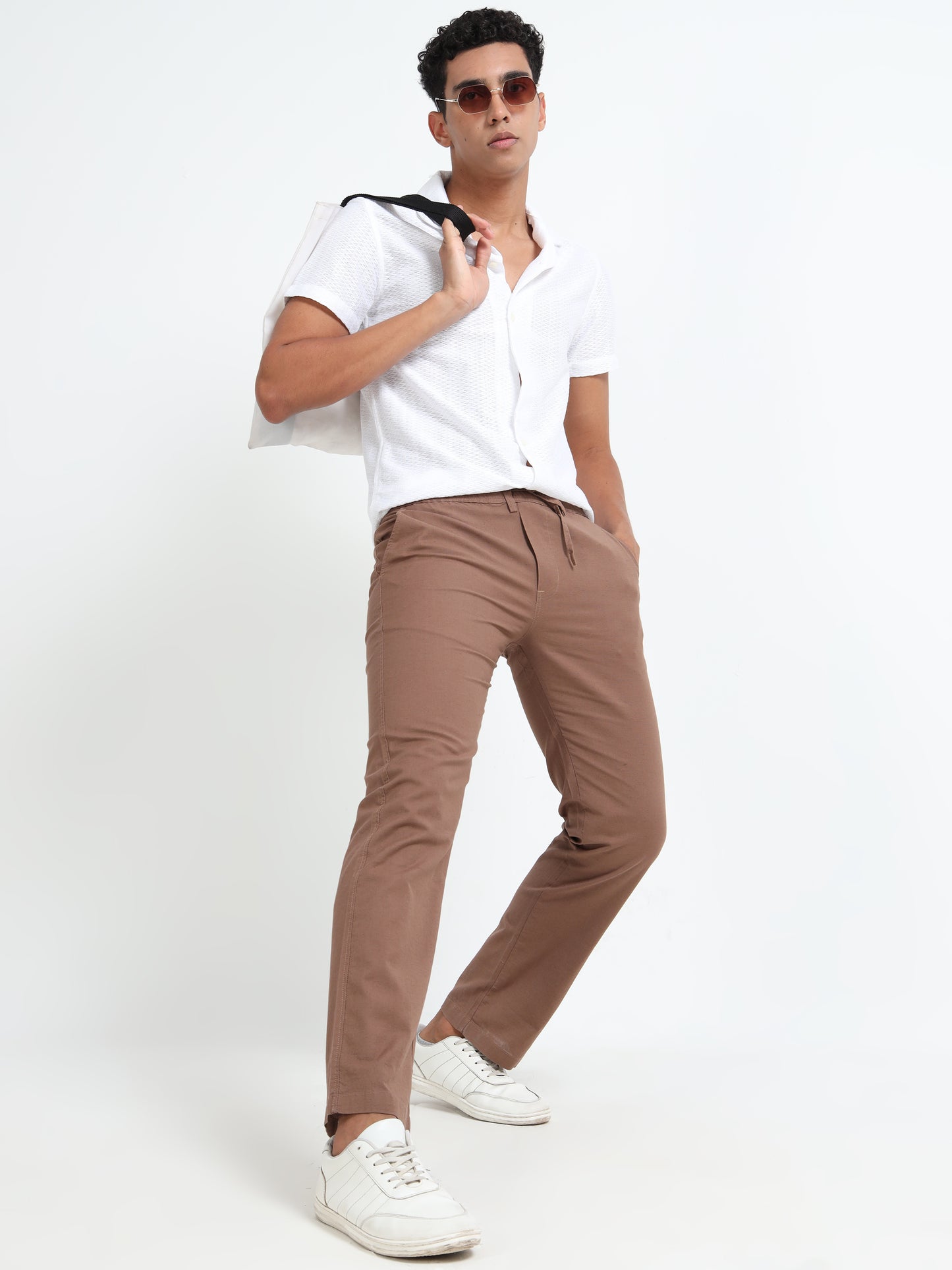 Cotton Regular Fit Brown Linen Pants for Men