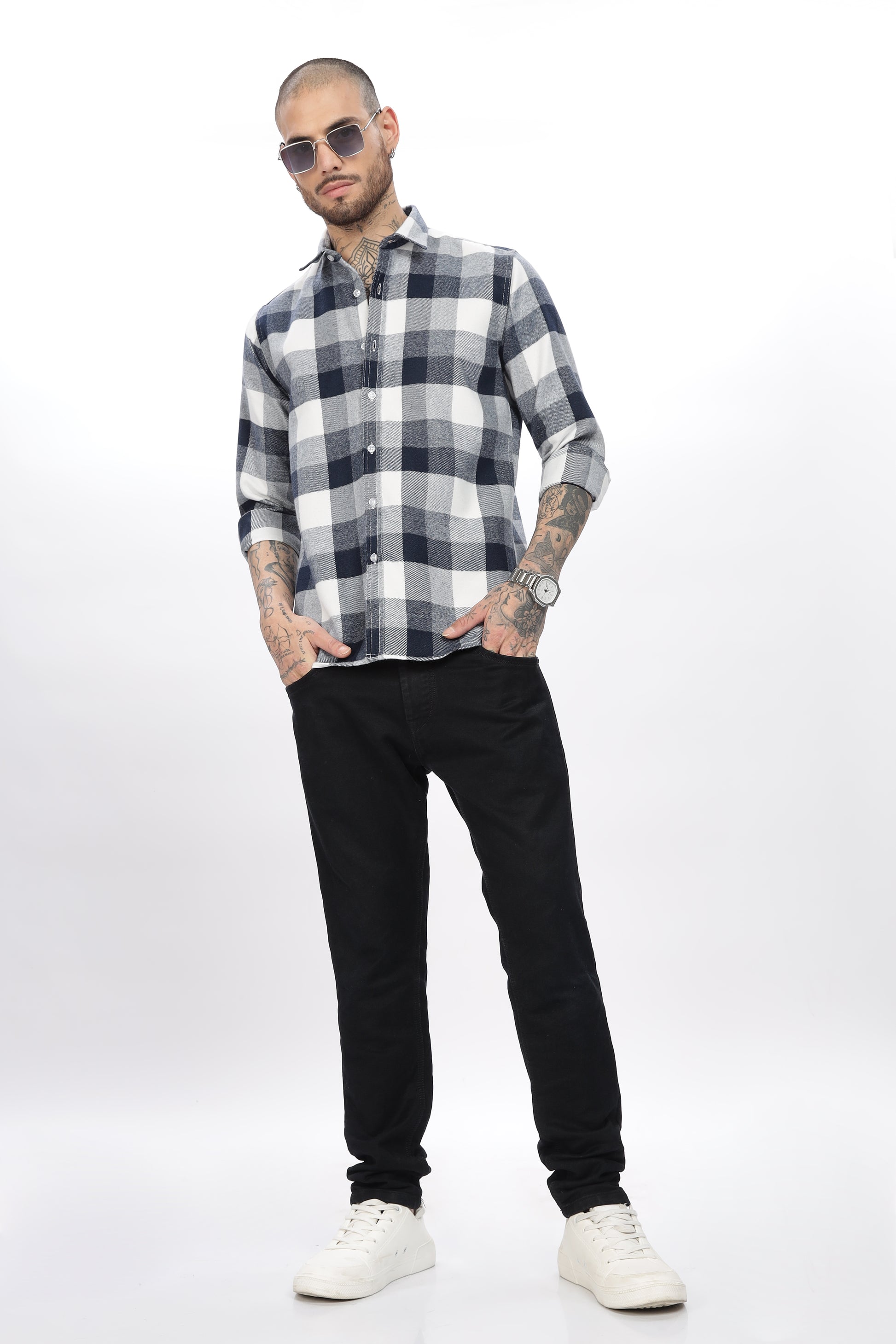 Tealish Blue White Check Shirt for Men