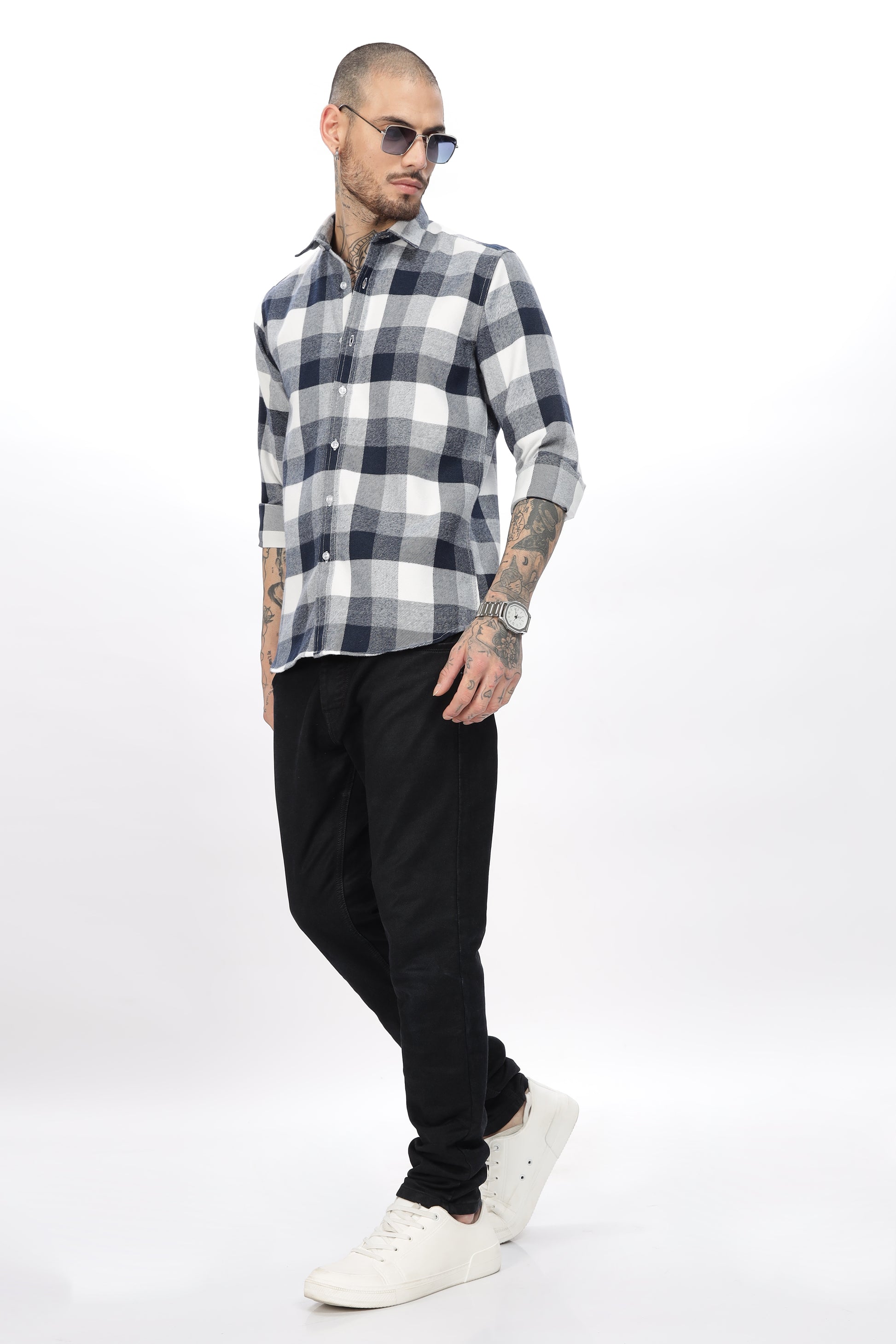 Tealish Blue White Check Shirt for Men
