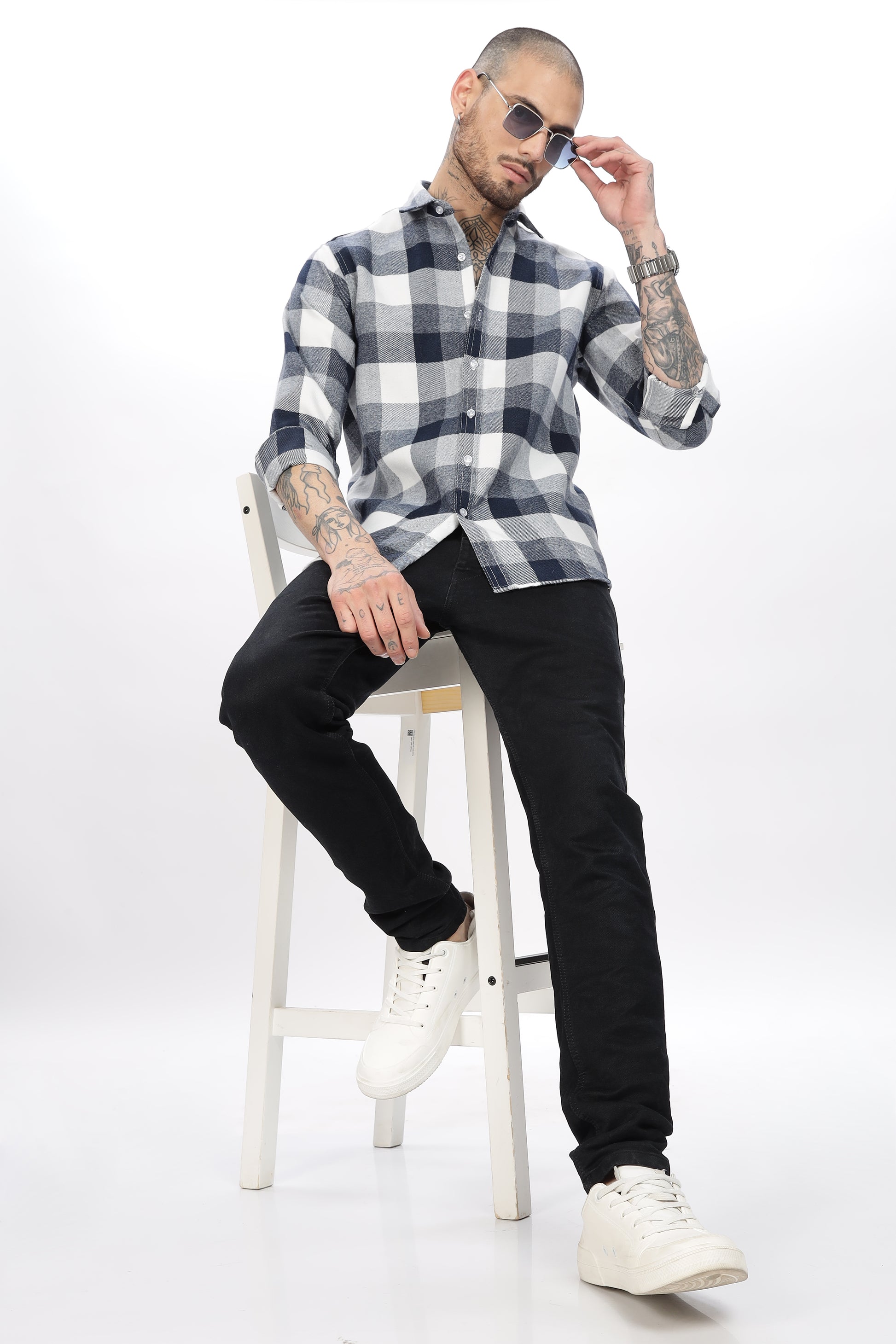 Tealish Blue White Check Shirt for Men