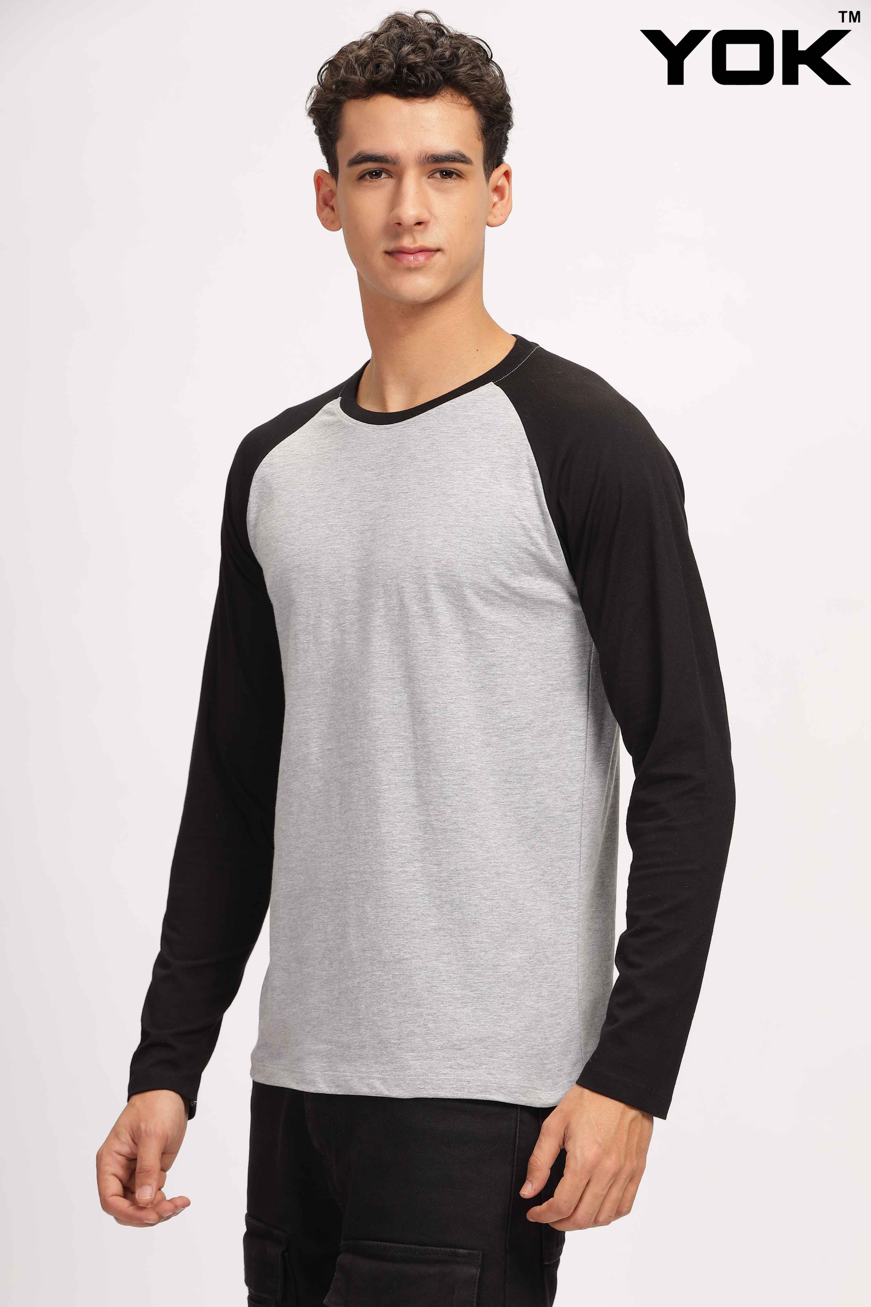 Buy Grey & Black Raglan Full Sleeve T Shirt Online