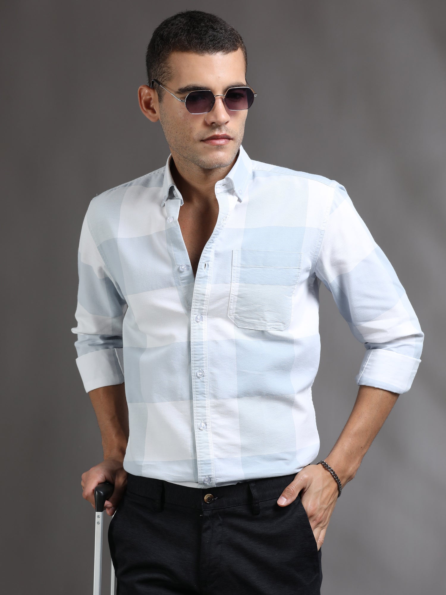 Light Grey and White Check Shirt for Men