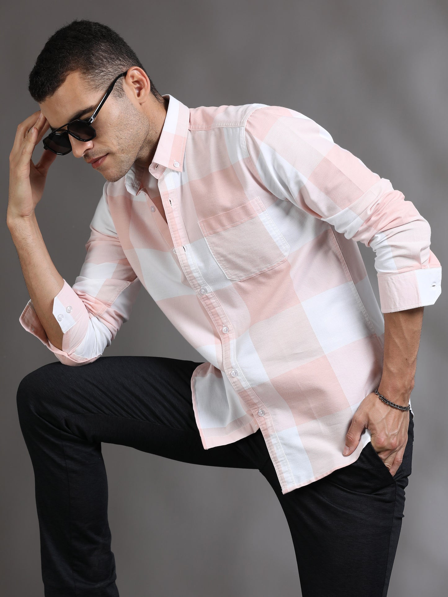 Light Pink and White Check Shirt for Men 