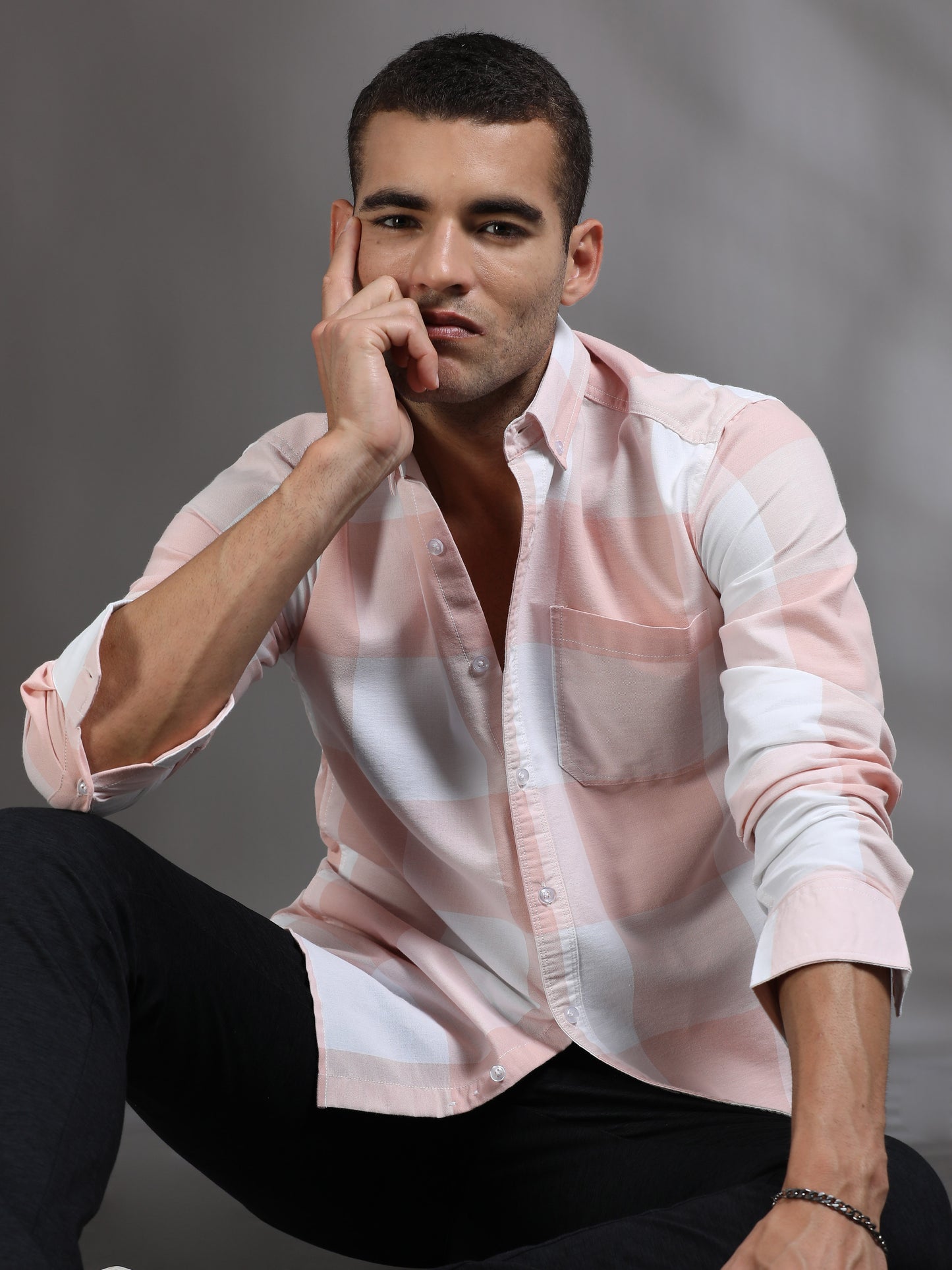 Light Pink and White Check Shirt for Men 