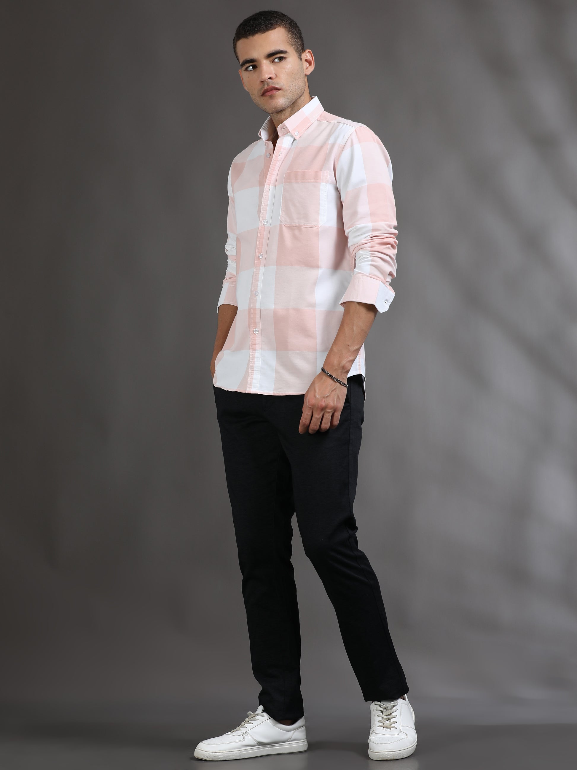 Light Pink and White Check Shirt for Men 