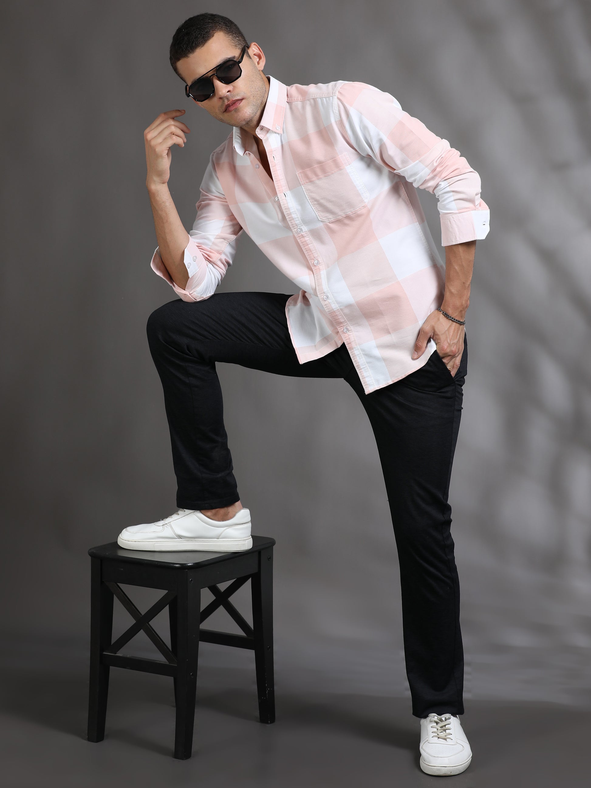 Light Pink and White Check Shirt for Men 