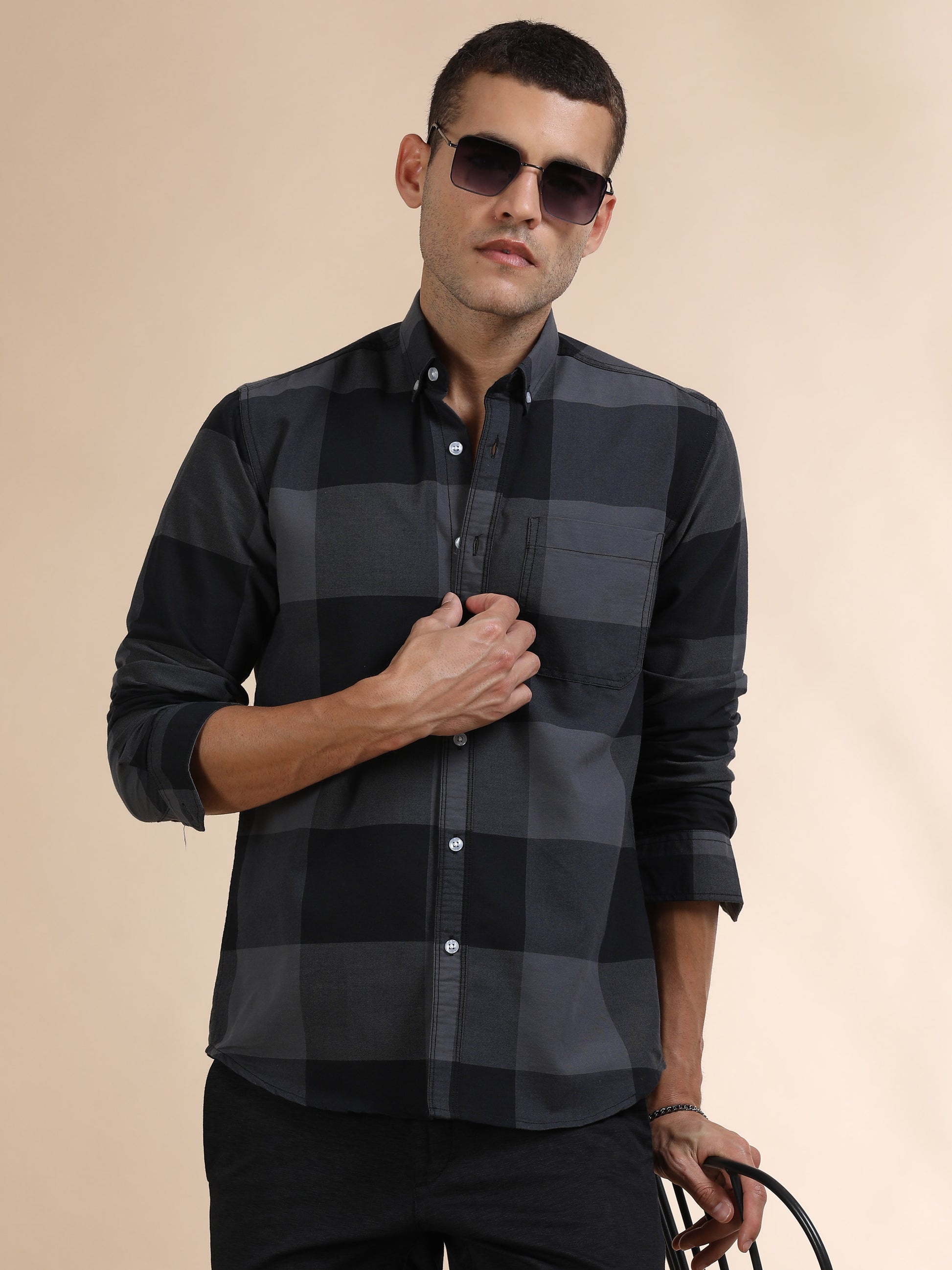 Mens Black and Grey Check Shirt