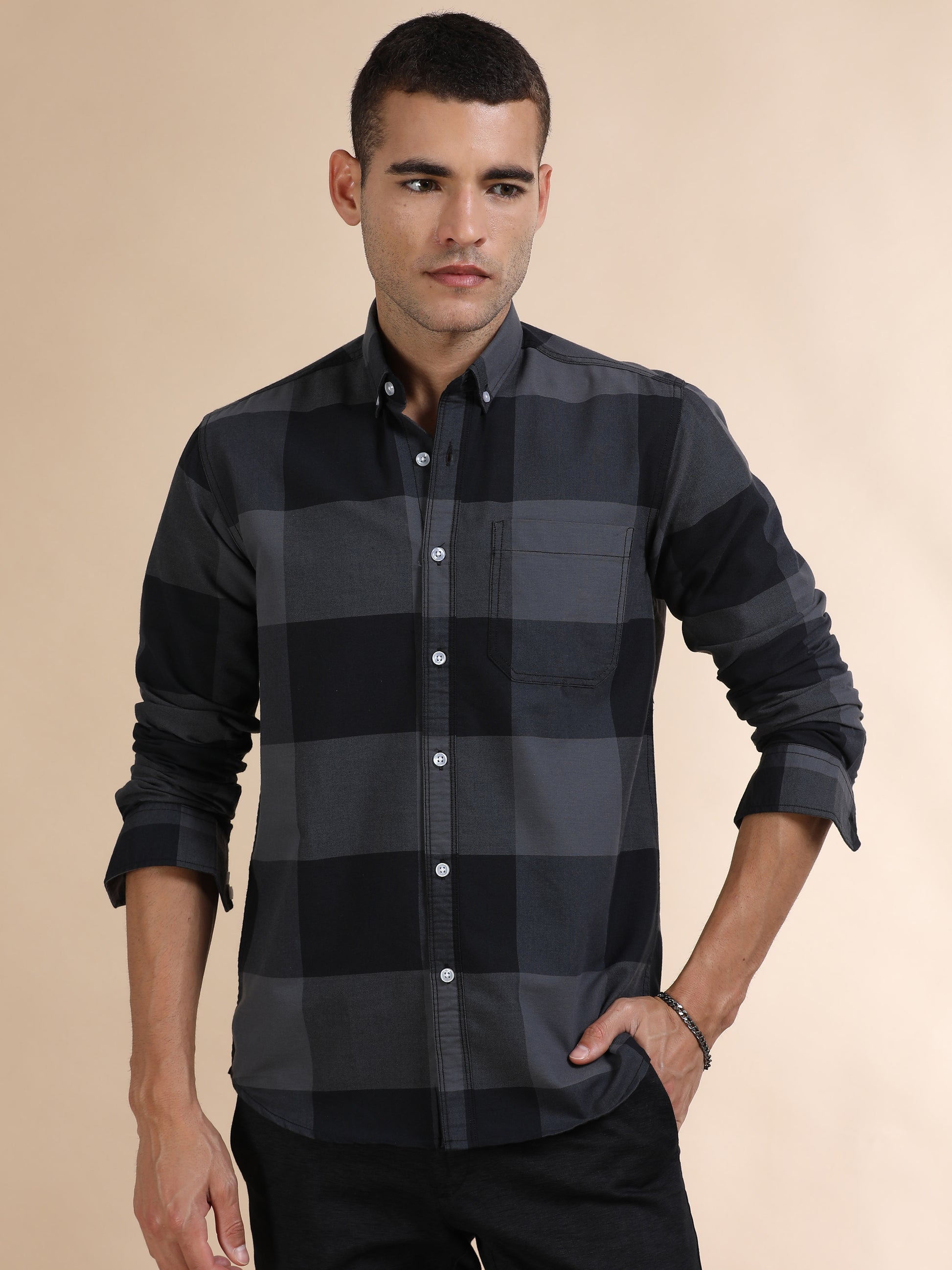 Mens Black and Grey Check Shirt
