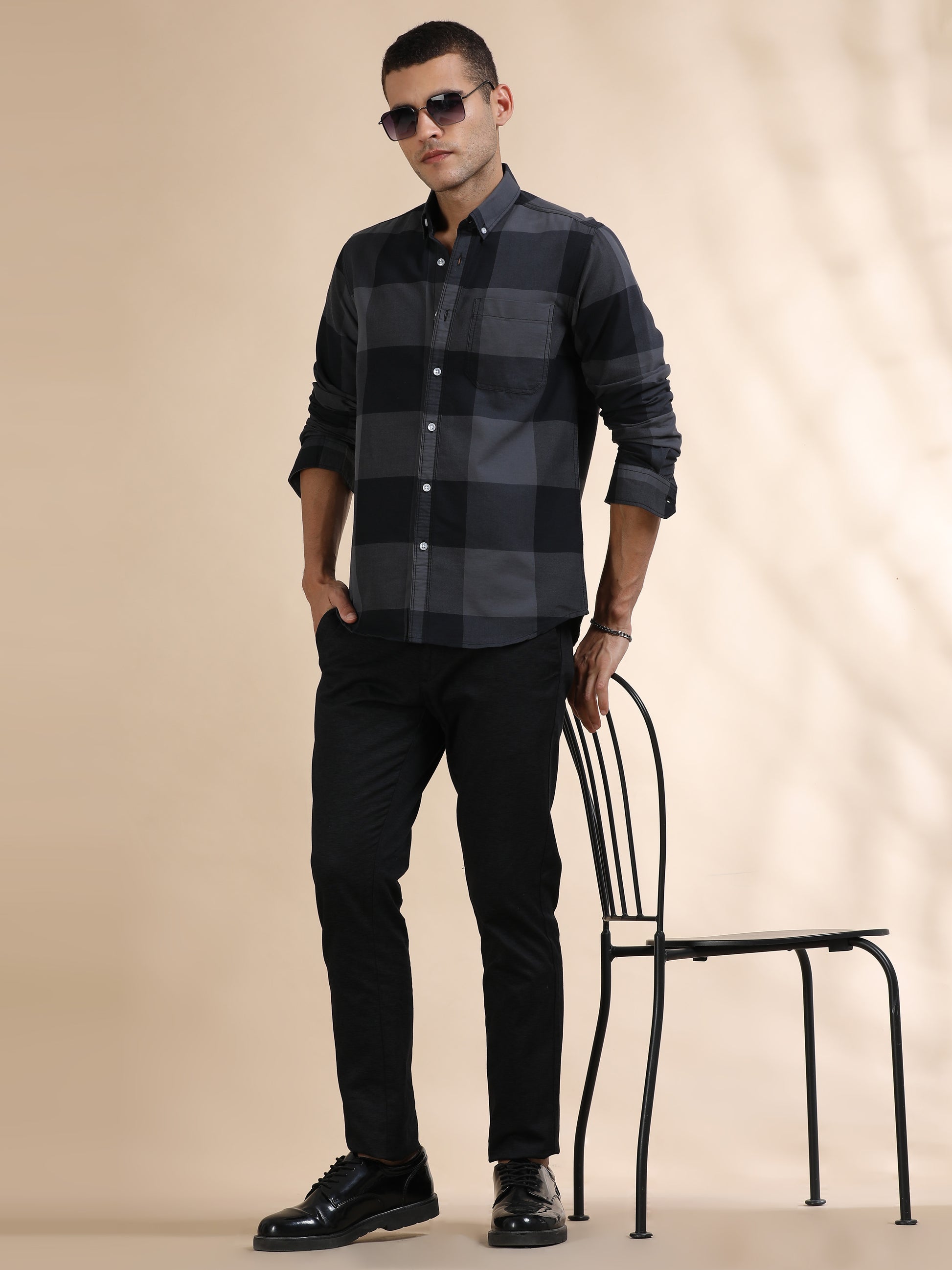 Mens Black and Grey Check Shirt