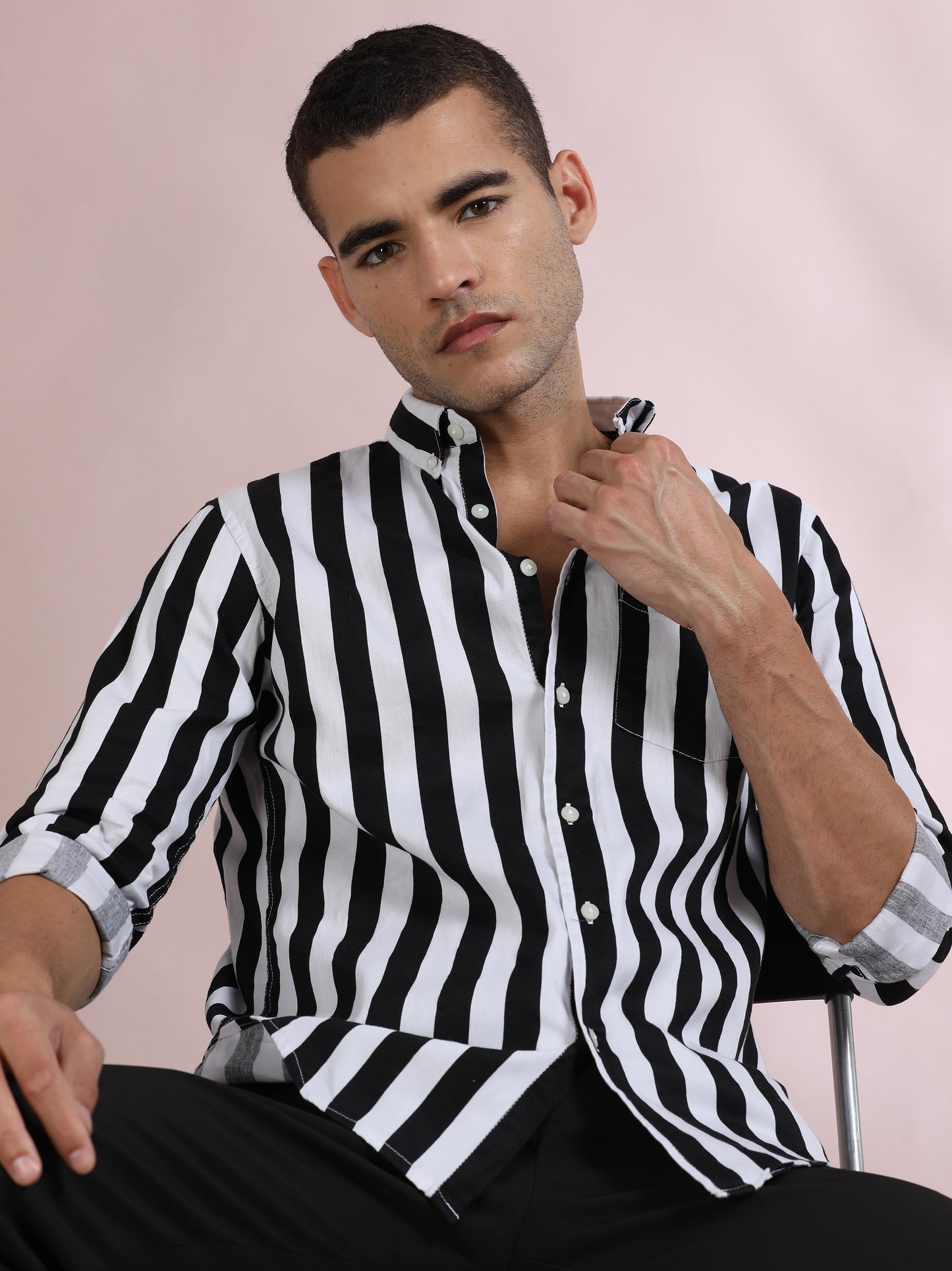 White and Black Striped Shirt for Men