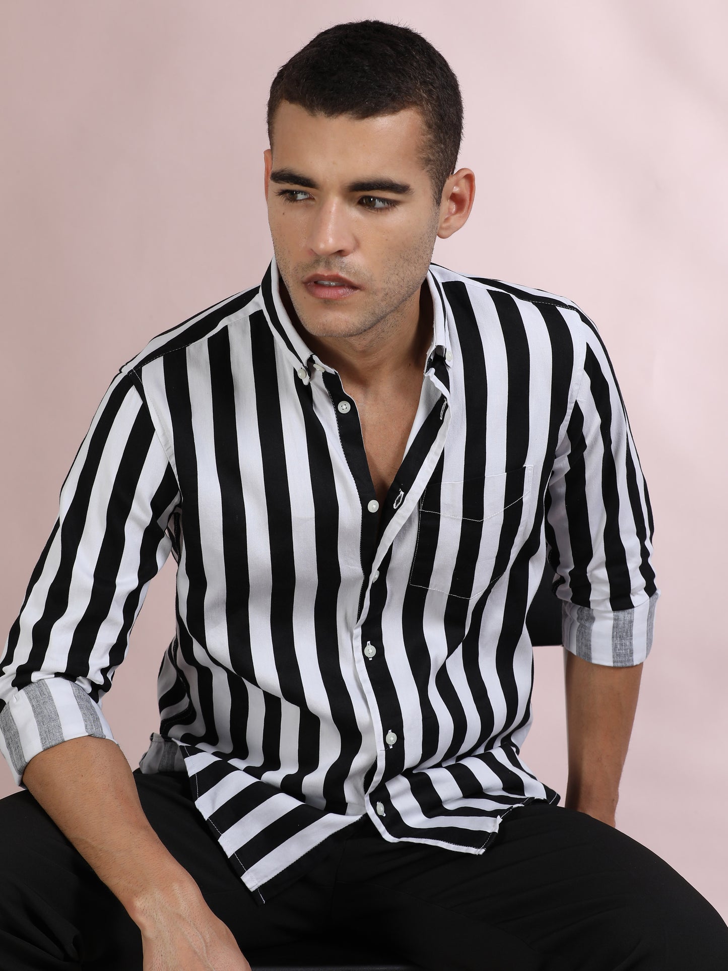 White and Black Striped Shirt for Men