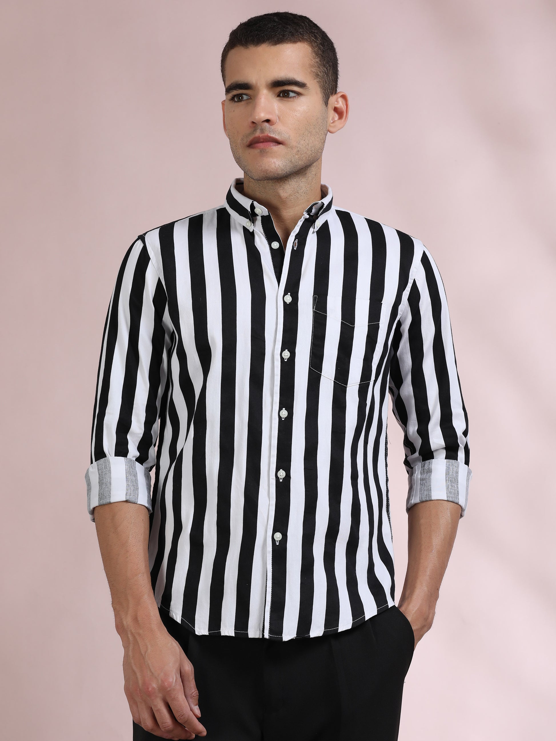White and Black Striped Shirt for Men