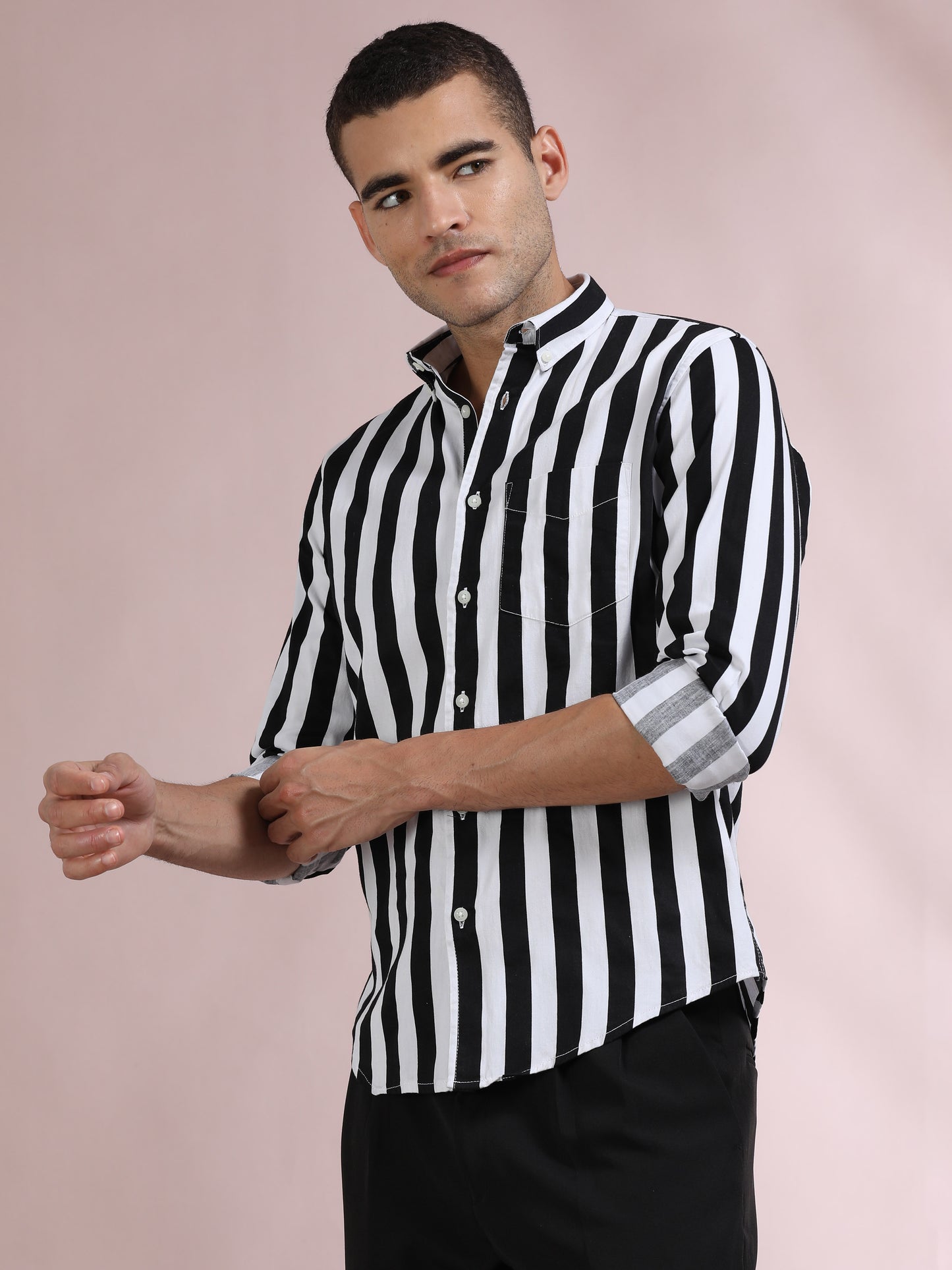 White and Black Striped Shirt for Men
