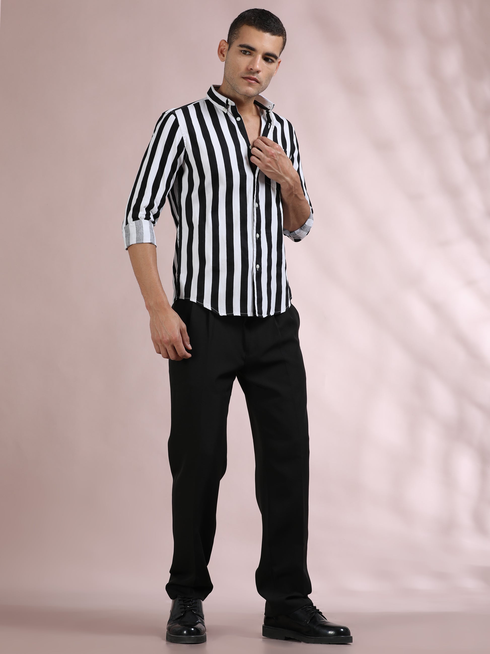 White and Black Striped Shirt for Men