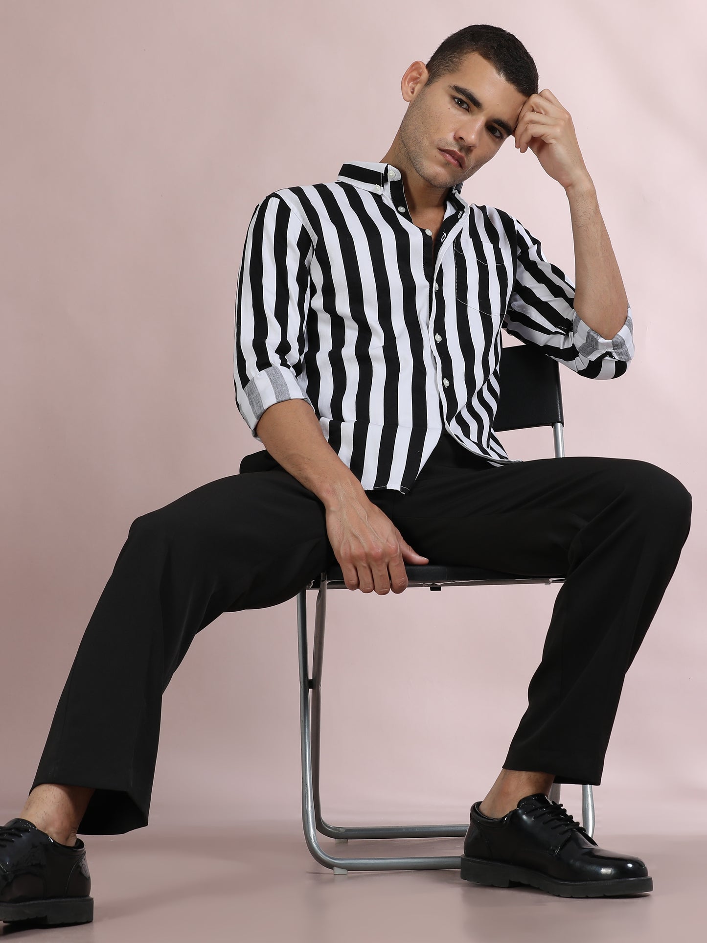White and Black Striped Shirt for Men