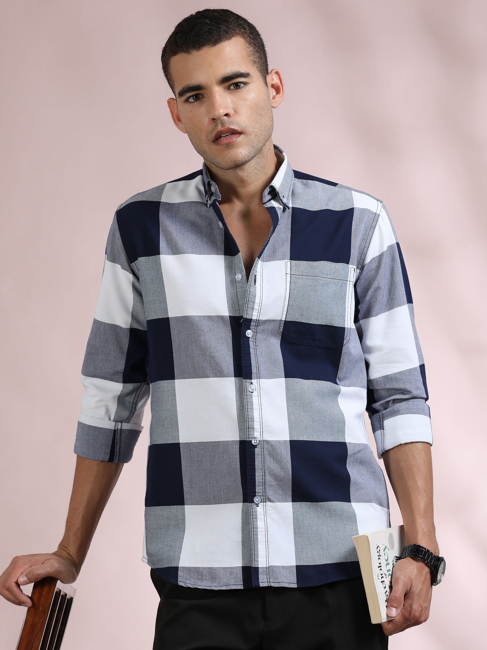 Mens Navy and White Check Shirt