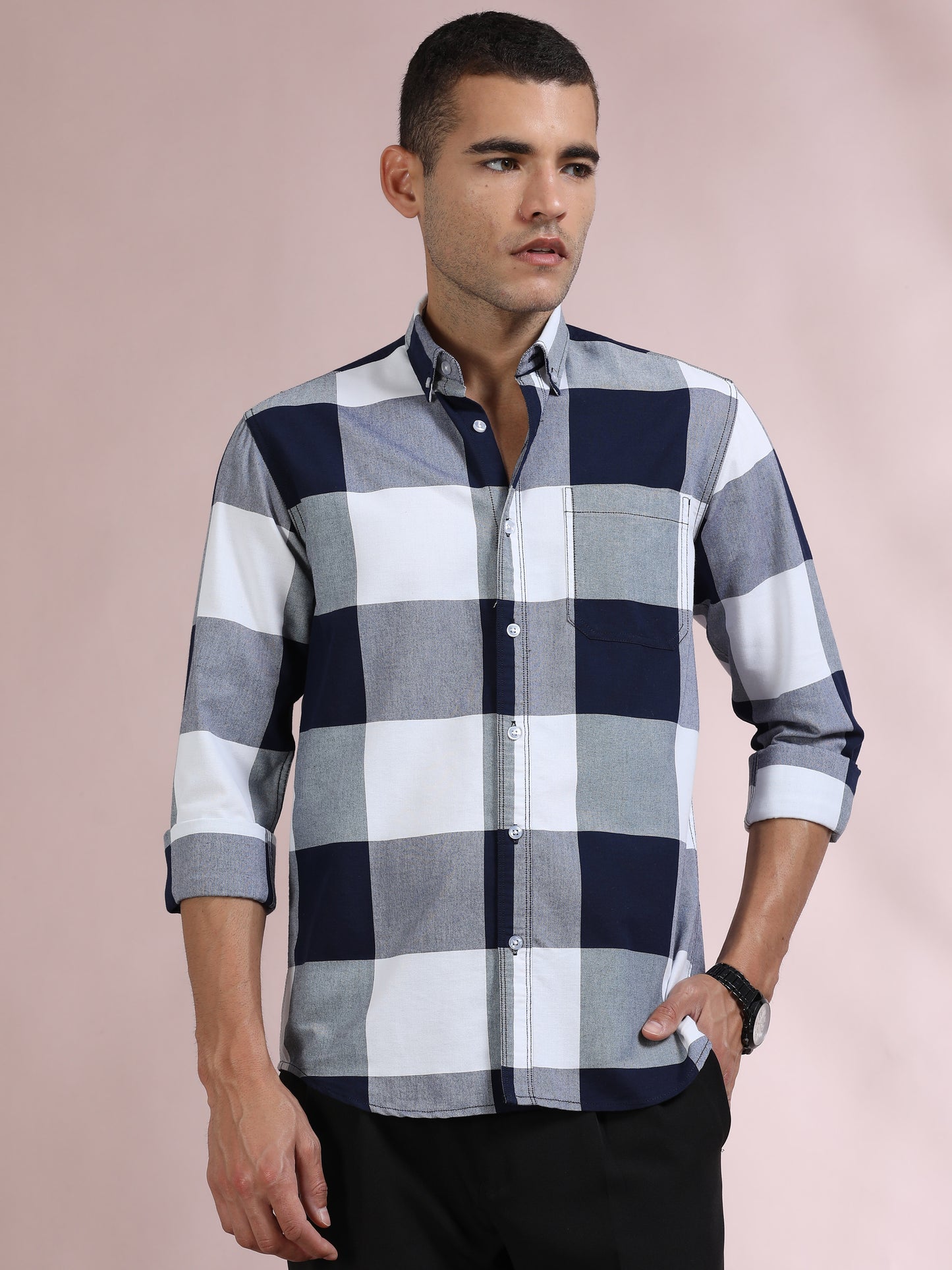 Mens Navy and White Check Shirt