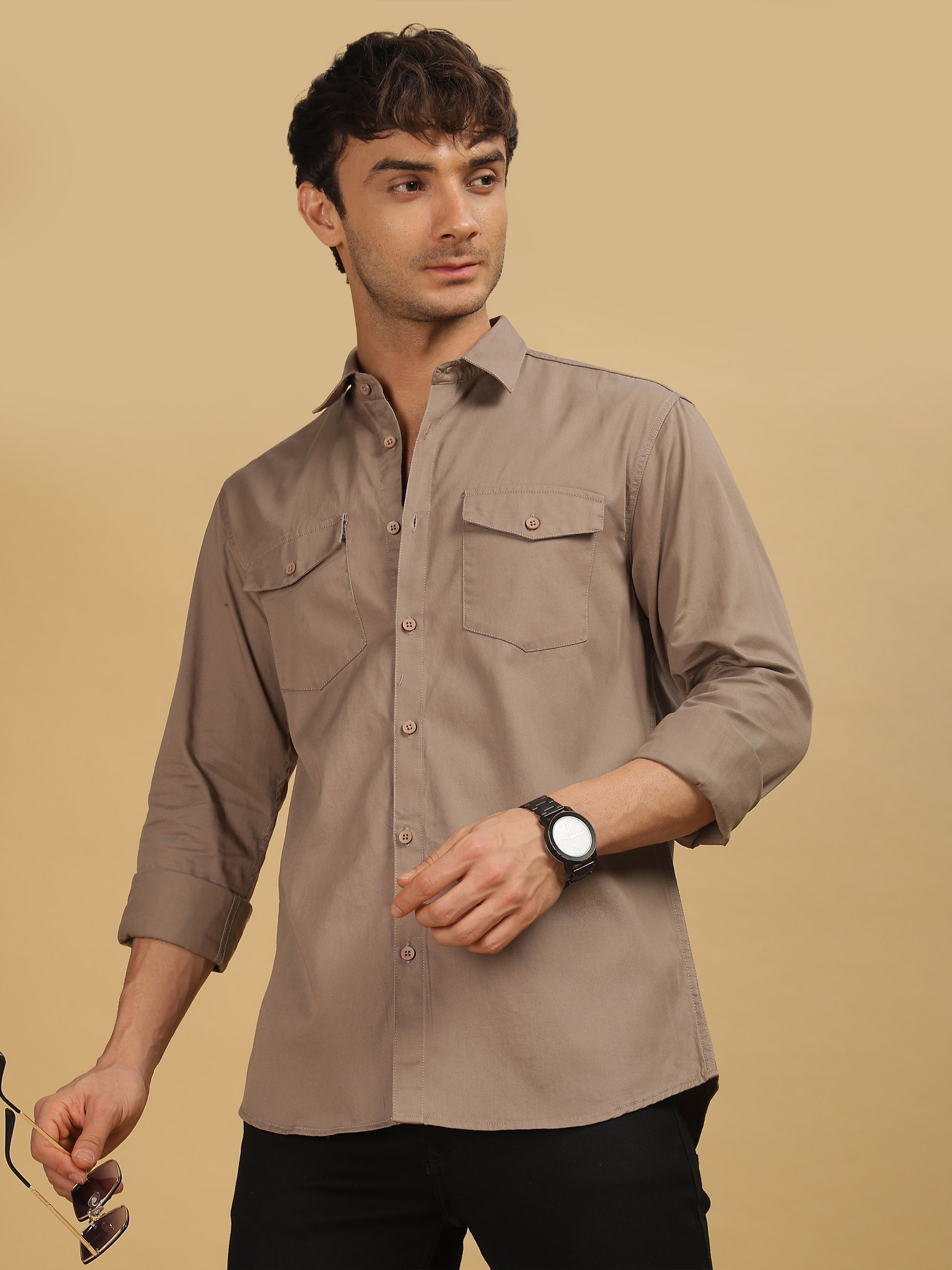 Double Pocket Light Brown Shirt for Men