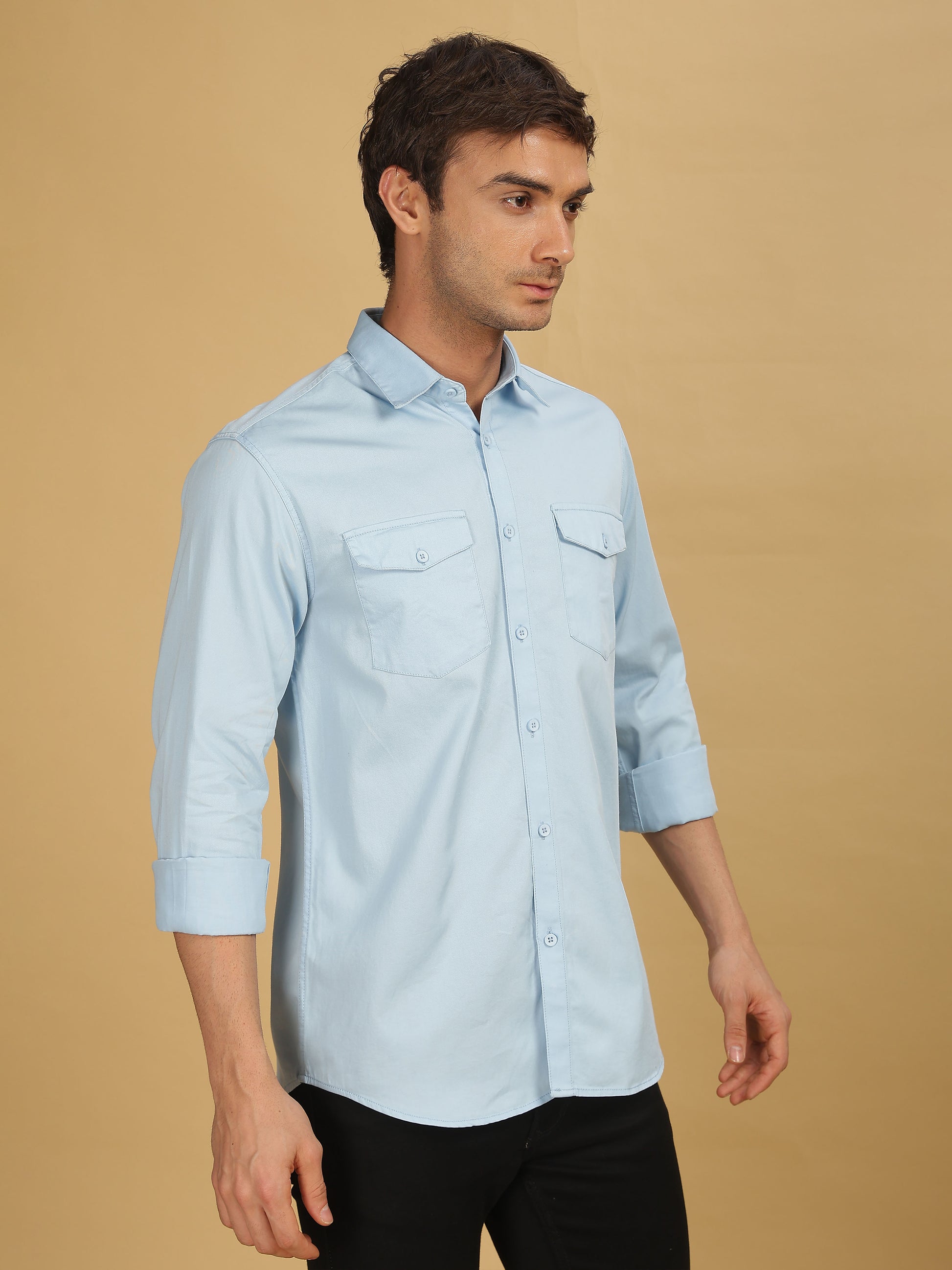 Double Pocket Sky Blue Colour Shirt for Men